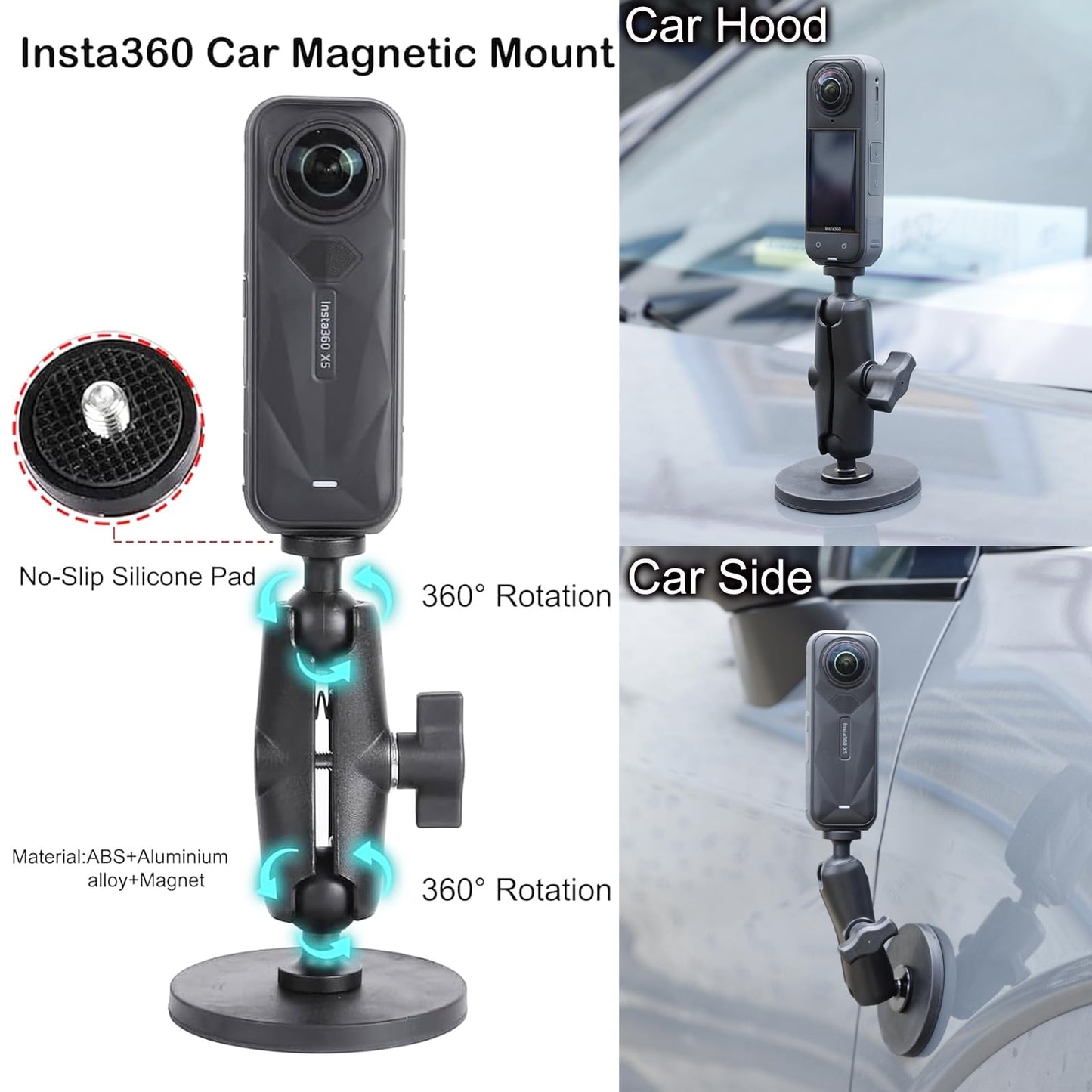 PellKing Motorcycle Handlebar Mount Car Mangetic Accessories Kit for Insta360 X5/X4/X3,88mm Magnetic Mount with 360 Degree Rotation,Ball Head Clamp