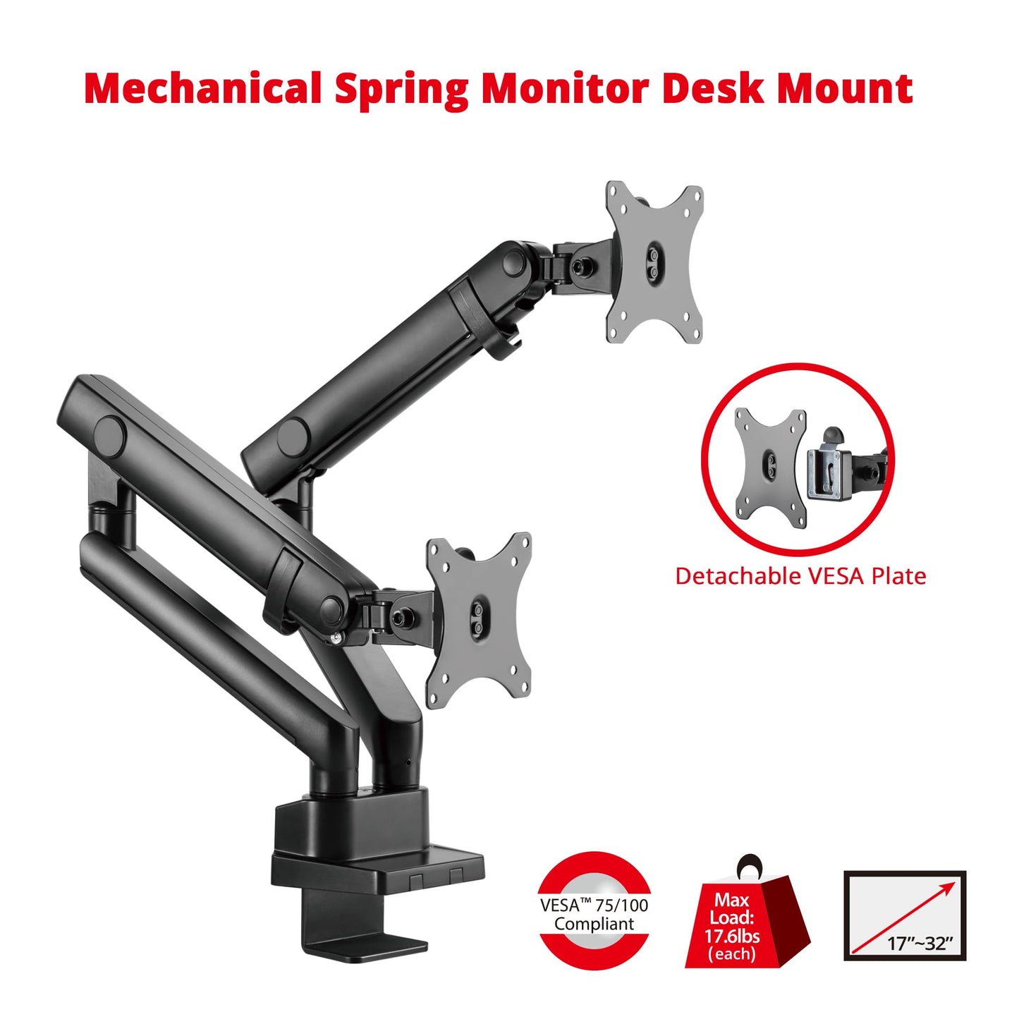 SIIG Aluminum Mechanical Dual Monitor Arm Mount - Height Adjustable Desk Mount for 17in to 32in Screens - 17.6lbs Each Arm - VESA 75x75mm 100x100mm