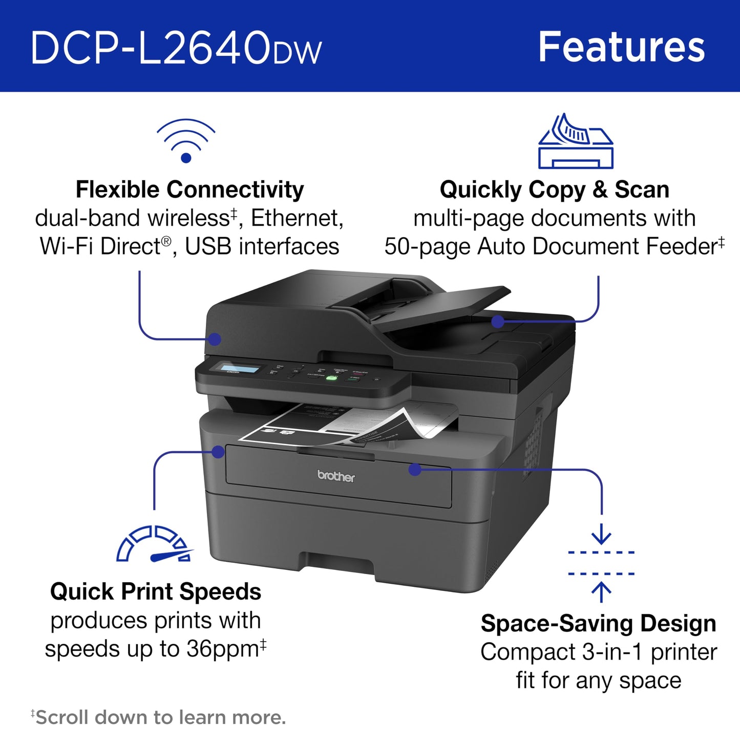 Brother DCP-L2640DW Wireless Compact Monochrome Multi-Function Laser Printer with Copy and Scan, Duplex, Mobile, Black & White | Includes Refresh
