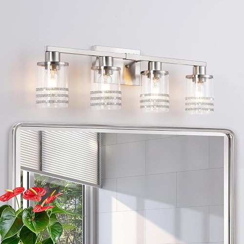 YYT Brushed Nicekl Bathroom Light Fixtures 4 Light Bathroom Vanity Light Brushed Nicekl Vanity Lights for Bathroom with Clear Glass Shade