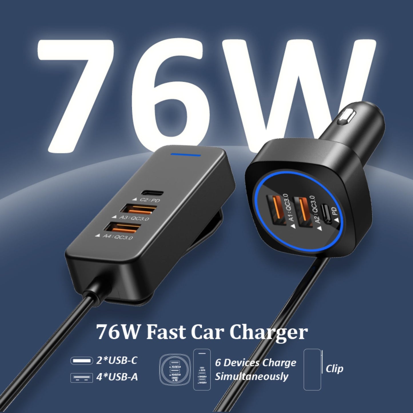 SZBAYO Car USB Charger Multi Port with 5.9FT Extension, QC3.0 76W Fast Charging Cigarette Lighter USB C Charger Adapter Multiple Ports for Mobile