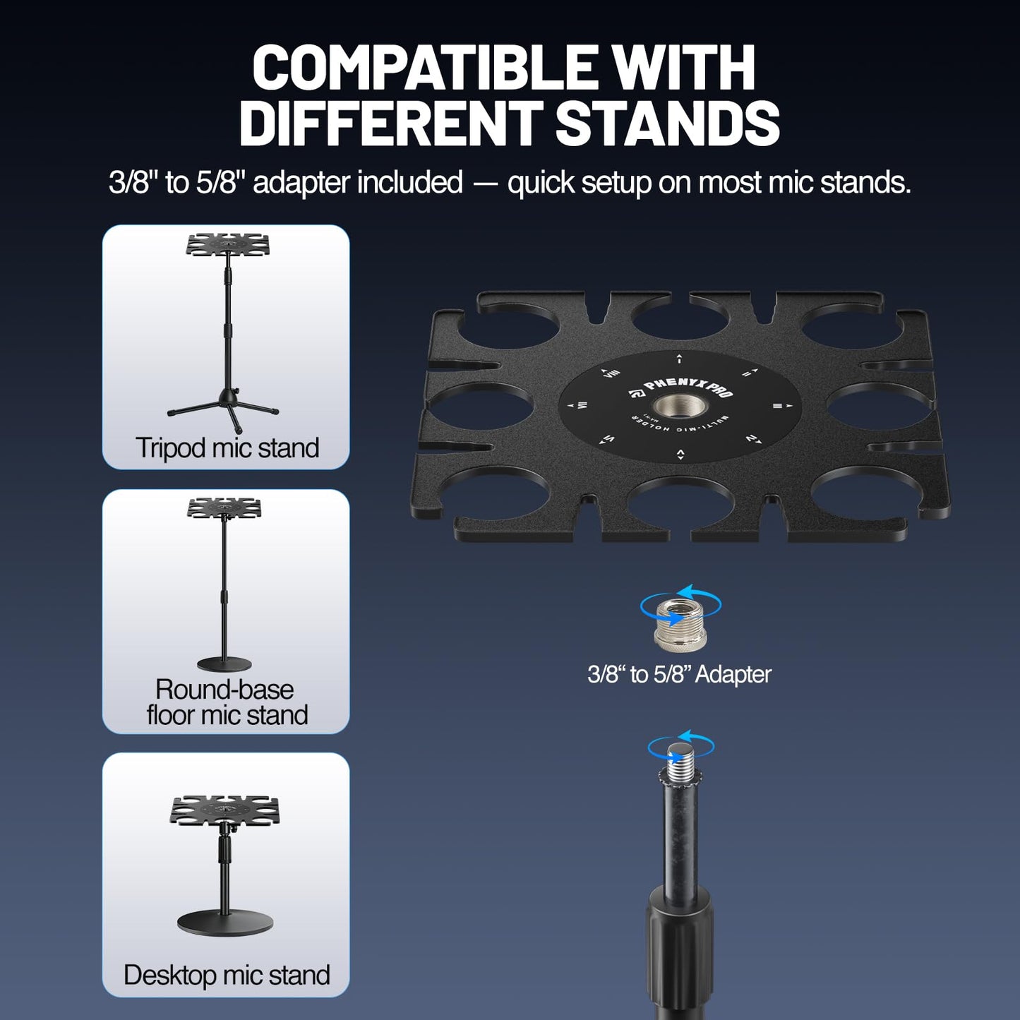 Phenyx Pro MA-H1 8-Slot Multi-Microphone Holder, Wired & Wireless Handheld Microphone Organizer and Display, Mics Storage Hanger, Compatible with 3/8"