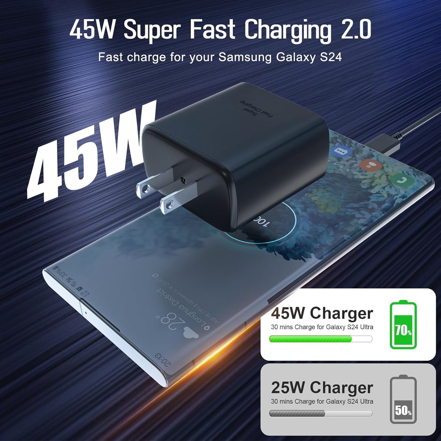 Samsung 45W Super Fast Charger, for Samsung Galaxy S26 S25 S24 S23 S22 Ultra Charger Fast Charging Cord, USB C Charger Block with 6.6FT Cable