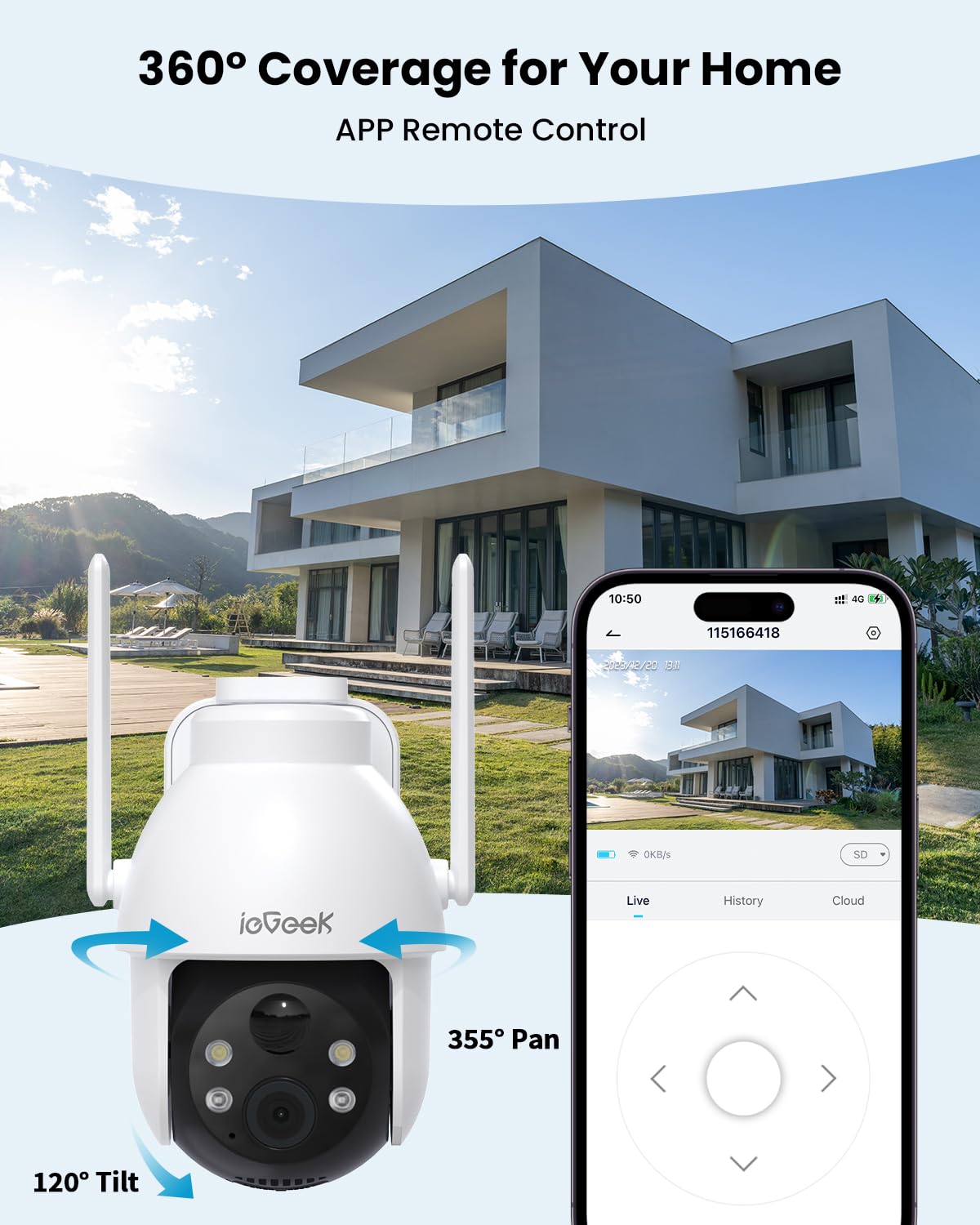 ieGeek Solar Security Cameras Wireless Outdoor, 2K WiFi Camera for Home Security System, Battery Powered Surveillance Cam with 360°PTZ Color Night