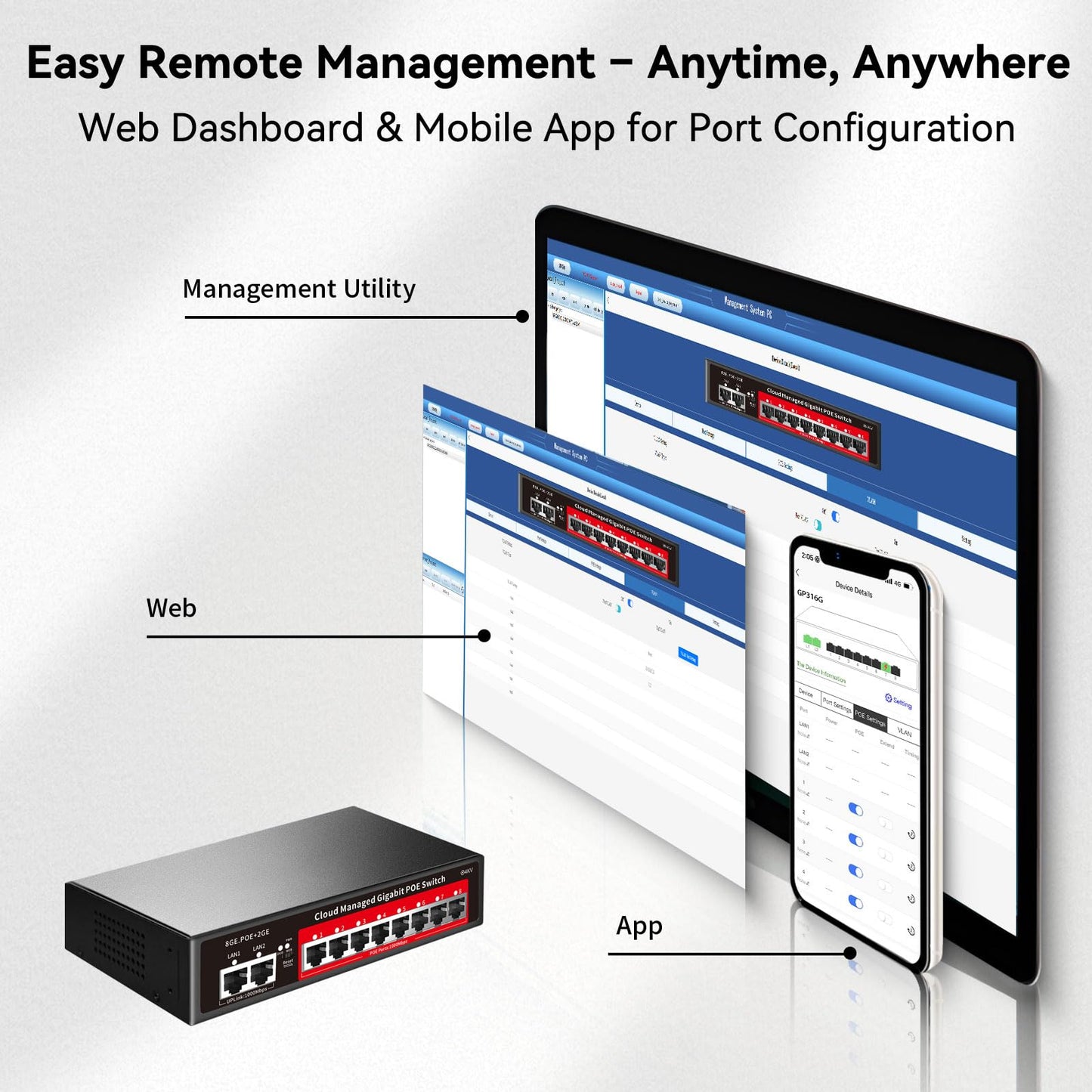 8 Port Gigabit PoE Switch with 2 Gigabit Uplink, 120W Built-in Power, 802.3af/at Compliant, Managed PoE+ Switch Support VLAN, QoS, Fanless Metal, Plug