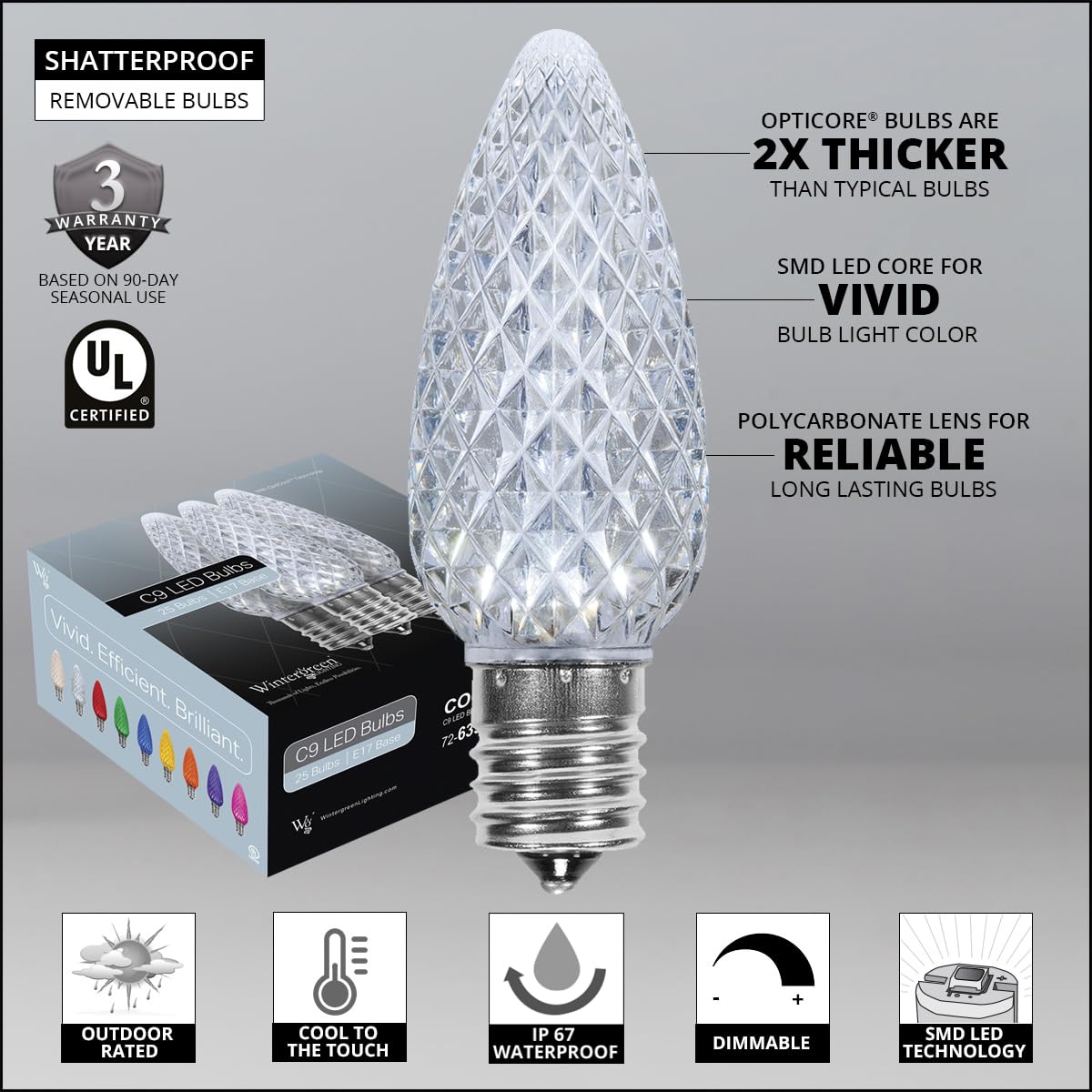 Wintergreen Lighting 25 Pack OptiCore LED C9 Cool White Christmas Light Bulbs - Premium Shatterproof C9 LED Christmas Replacement Bulbs, E17