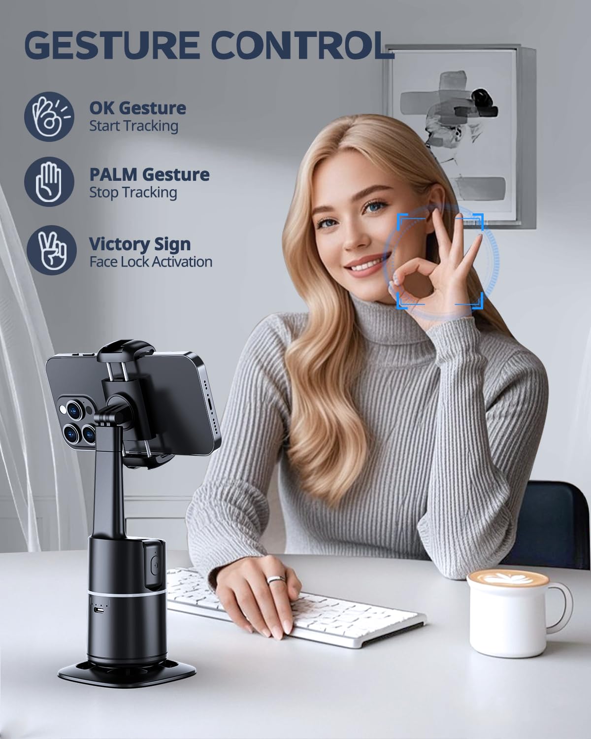 UBeesize Auto Face Tracking Tripod with Adjustable Desk Tripod, 360° Rotating vlogging kit for iPhone with Remote & Gesture Control, Rechargeable
