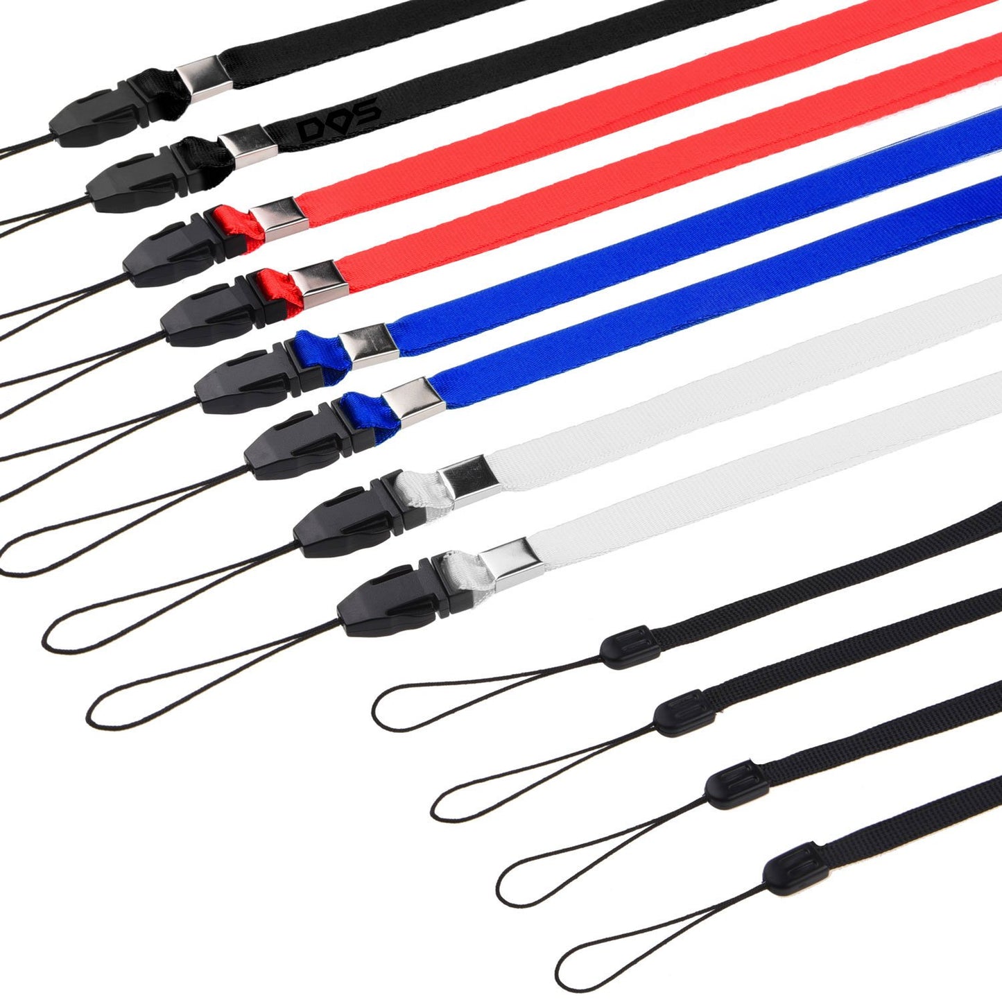 8 Neck Lanyards (Red, White, Blue, Black) and 4 Wrist Straps (Black) - for ID Cards, Cell Phones, Keys, USB Drives, Compact Cameras, Flashlights, etc
