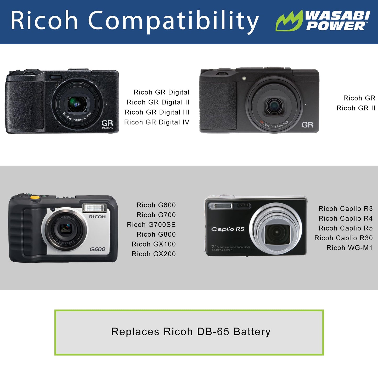 Wasabi Power Battery (2-Pack) and Charger for Ricoh DB-65 and Ricoh G700, G700SE, G600, GR, GR Digital, GR Digital II, GR Digital III, GR Digital IV