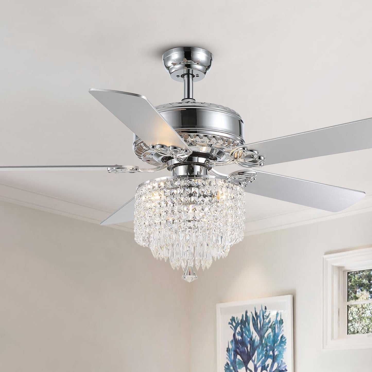 MOOONICHE 52" Modern Fandelier, Crystal Ceiling Fan with Lights and Remote, Sliver Elegant Chandelier Fan Light with 5 Wooden Dual-Sided Blades