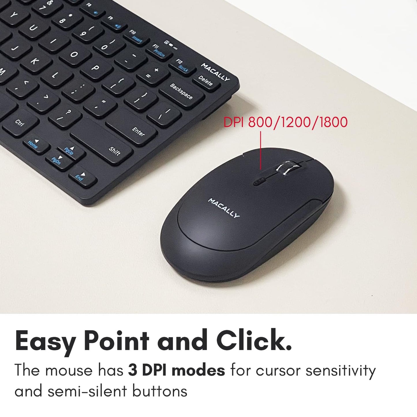 Macally Small Wireless Keyboard and Mouse Combo - Quiet Productivity Duo - 2.4G Wireless Keyboard Mouse for PC - 78 Key Mini Keyboard and Mouse