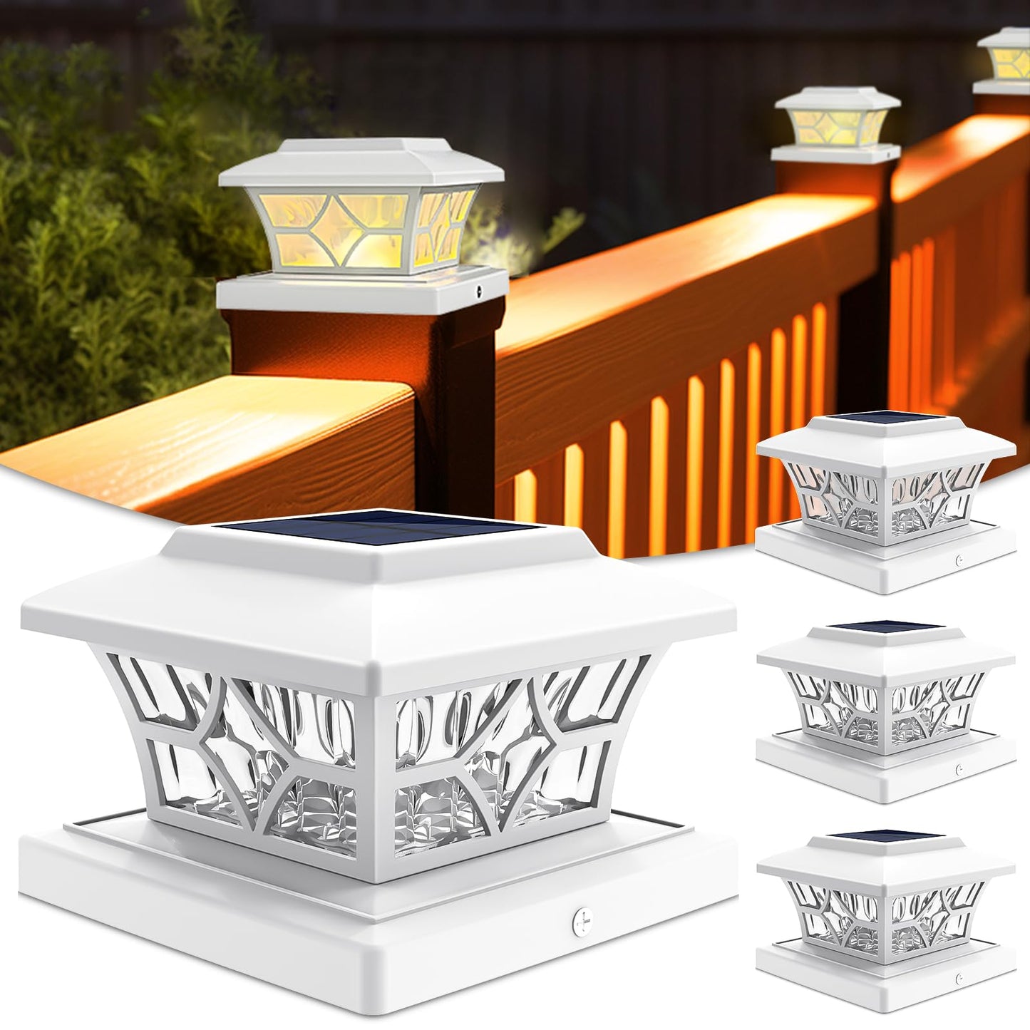 VOLISUN Solar Post Cap Lights Outdoor, Solar Powered Fence Cap Lights for 4x4 Vinyl/Wood, White Waterproof Solar Deck Post Light 4Pack Cool/Warm
