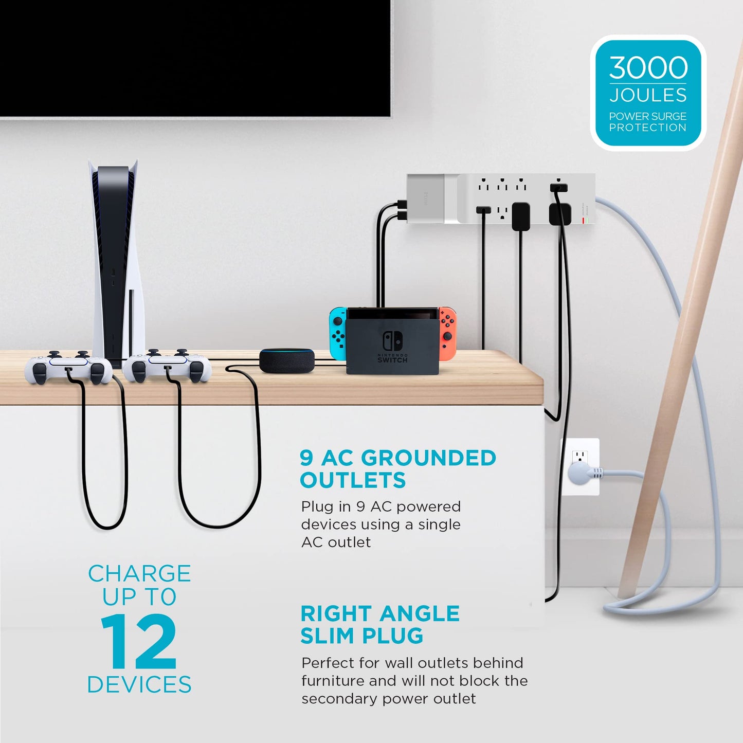 iHome Power Strip Surge Protector & Slim USB Wall Charger Bundle: Detachable 4 Port AC Pro USB Charger & 6 ft Extension Cord Multi Plug Outlet