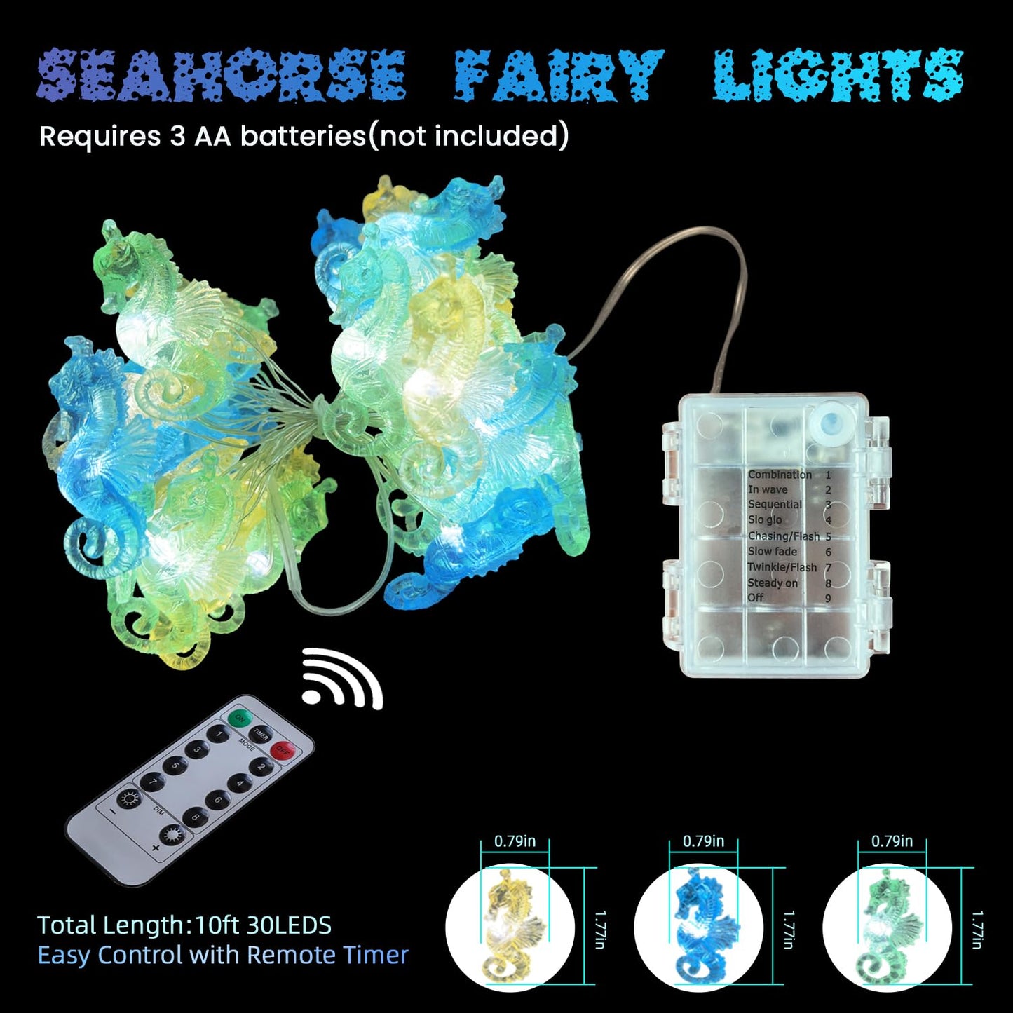 enlaceray Ocean Themed Seahorse Fairy String Lights, 10FT 30 LED Battery Operated Coastal Beach Nautical Decor for Bedroom Bathroom Patio Summer Party