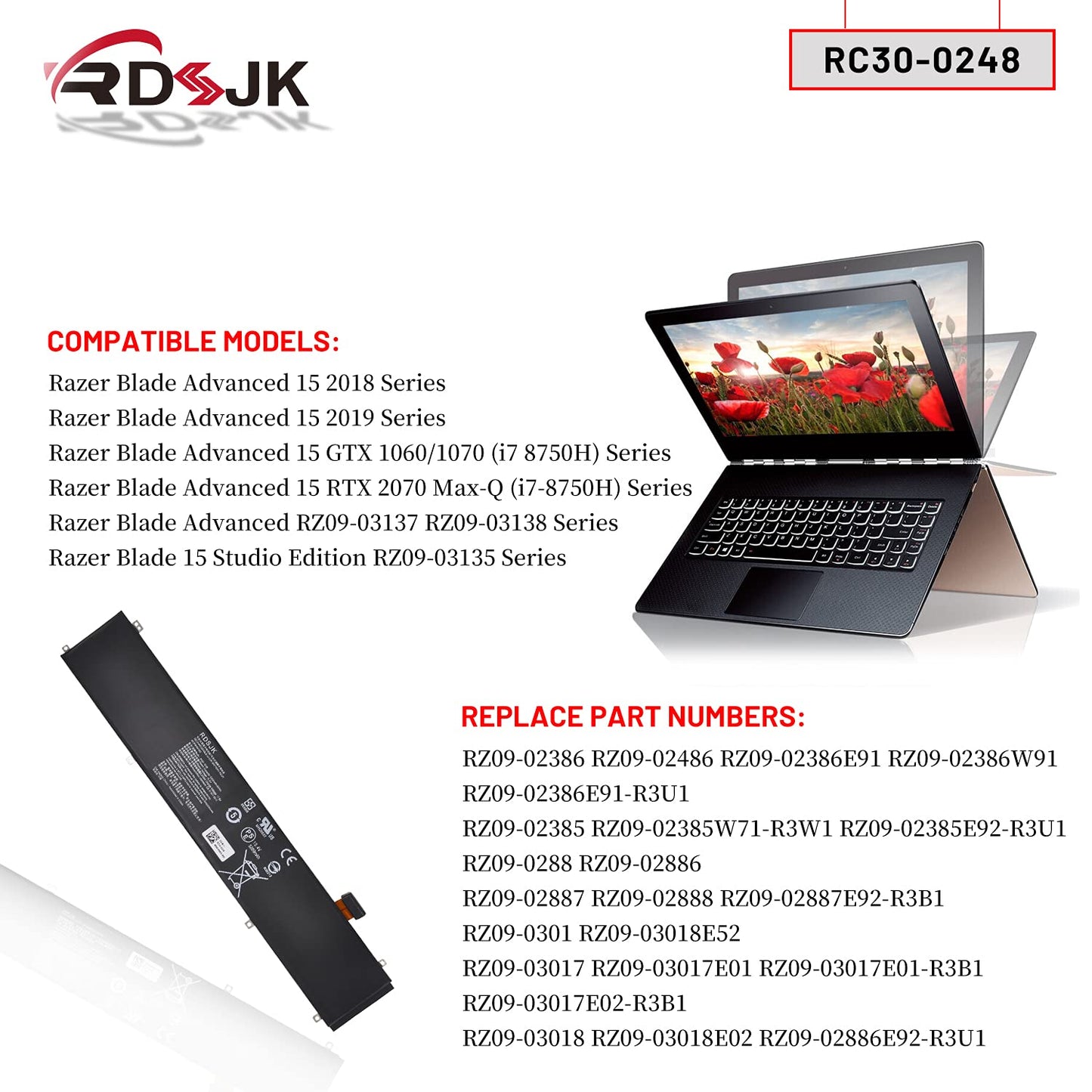 RC30-0248 Laptop Battery for Razer Blade Advanced 15 2018 2019 2020 2021 RTX 2060 2070 2080 3070 3080 RZ09-02385 RZ09-02386 RZ09-02486 RZ09-02886