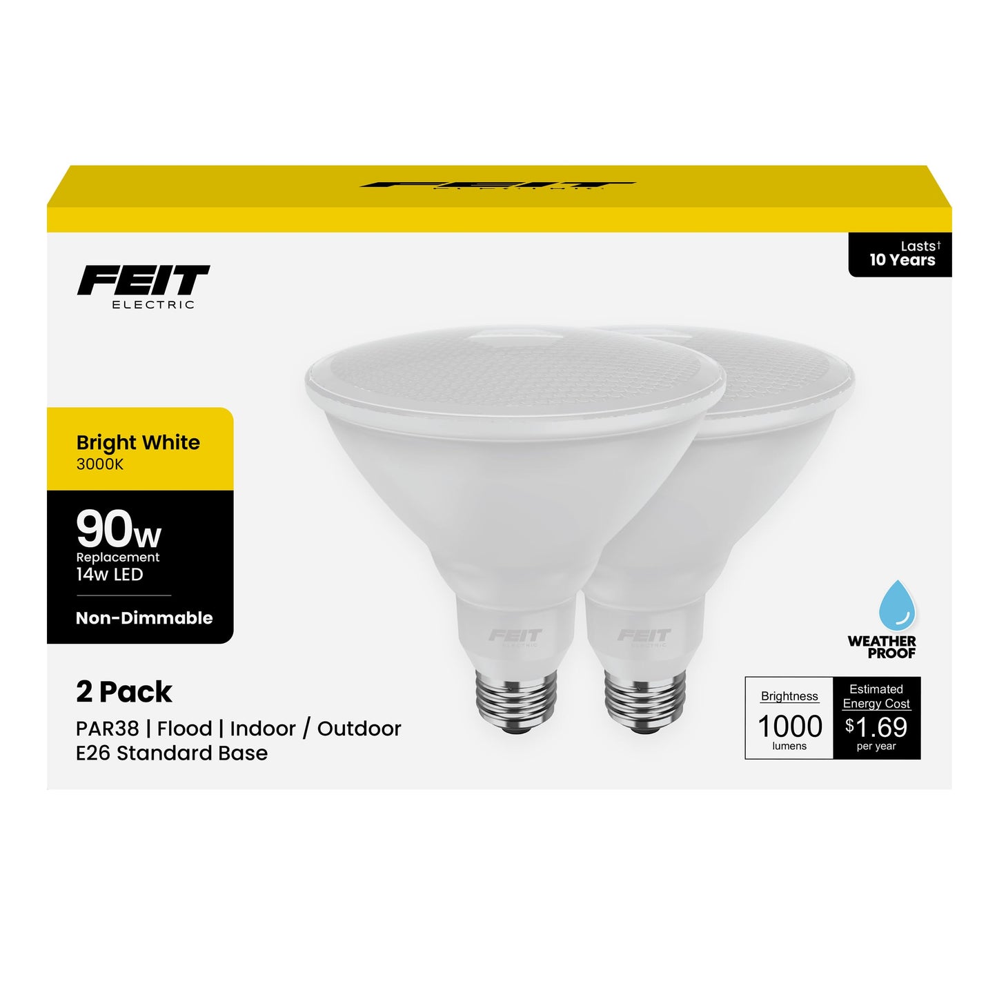 Feit Electric PAR38 LED Reflector Light Bulb, 90W Equivalent, 3000K Bright White, 1000 Lumens, E26 Base, 11,000 Hours Lifespan, Landscaping