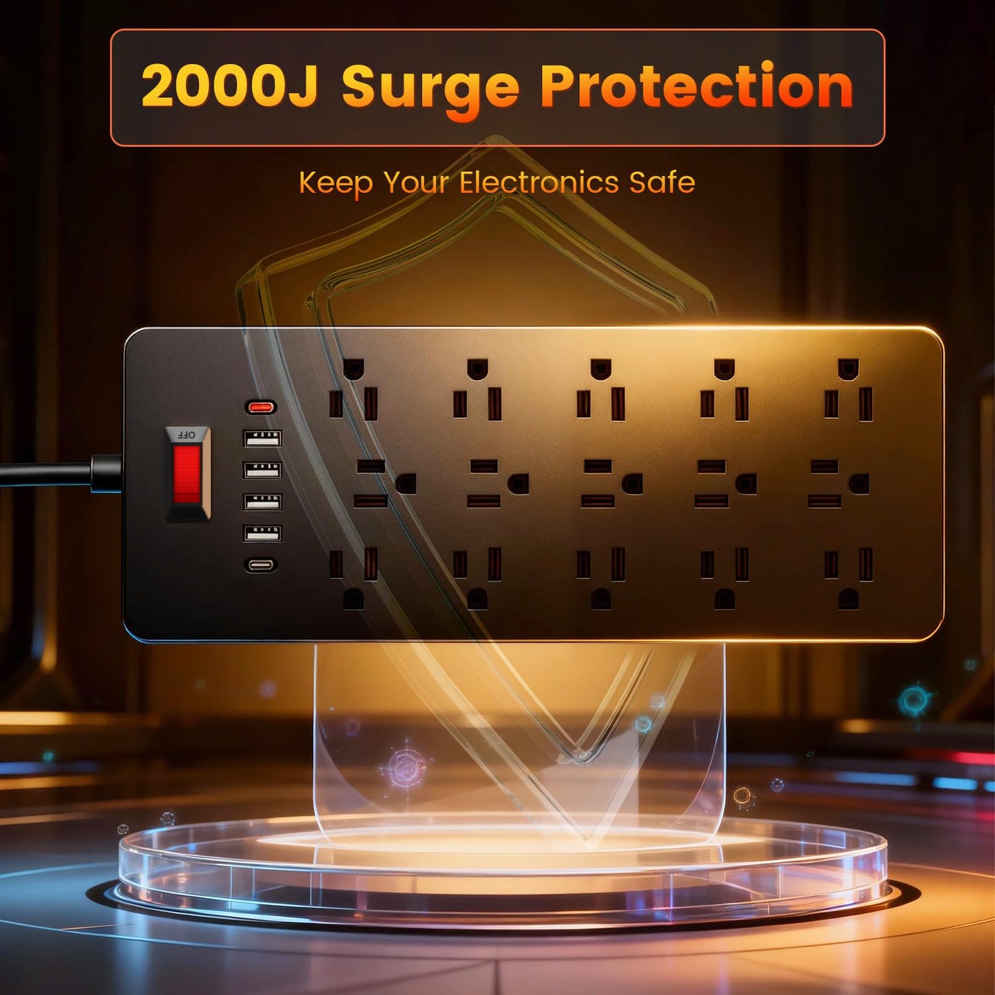 ZHANGONG 25-Outlet Power Strip Surge Protector with 6 USB Ports (2 USB-C) & Flat Plug, 2000 Joules, 6.5 Ft Extension Cord for Multiple Devices