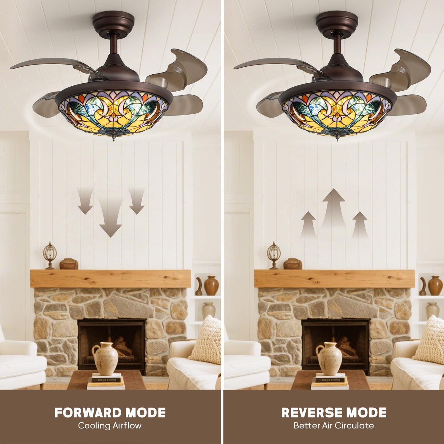 CROSSIO 36" Tiffany Fandelier Tiffany Ceiling Fan with Light Vintage Chandelier Fan Stained Glass Mediterranean Style Ceiling Fans with Lights