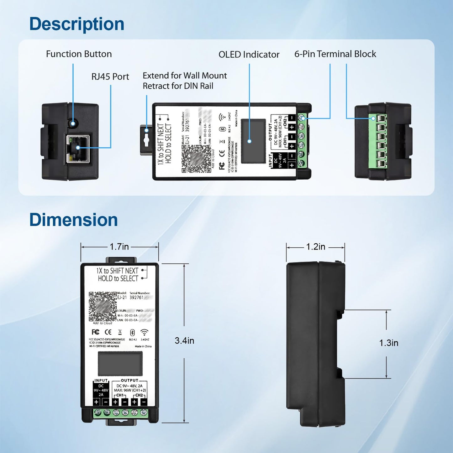 ezOutlet Industrial DIN Rail Mount Power Auto Reboot, Metering, Automatically Restarts Router When Connection Fails. 2-Channel, 9-48V, App