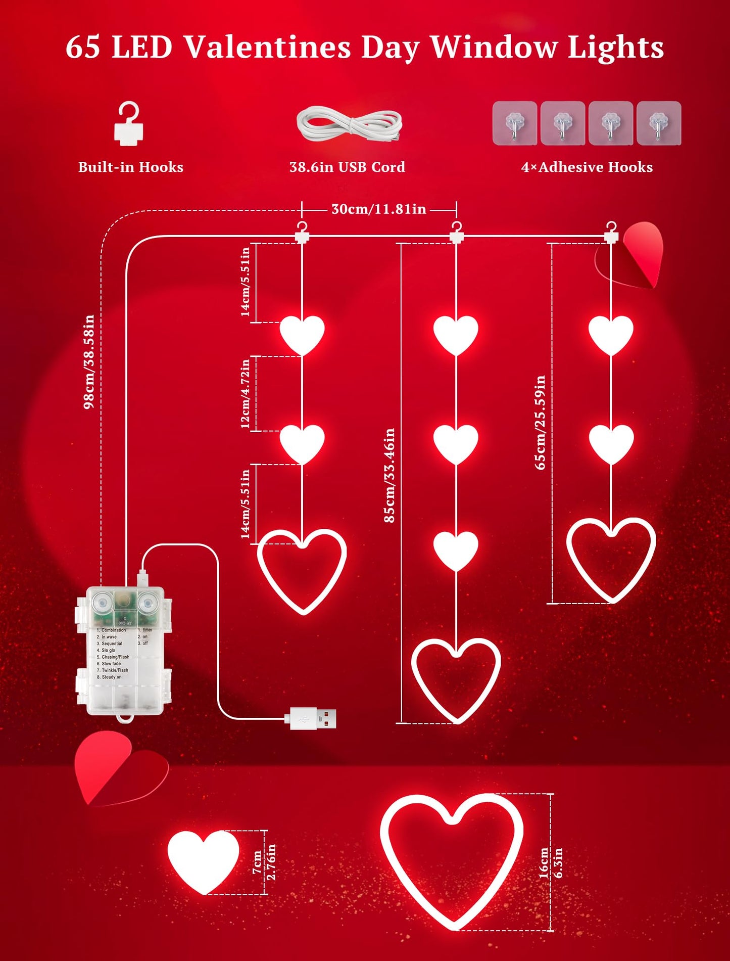 YOUNGAR Valentine's Day Heart Window Lights, 5FT 65LED Battery/USB Powered with Timer, Waterproof with 8 Modes Memory for Home Bedroom Birthday Party