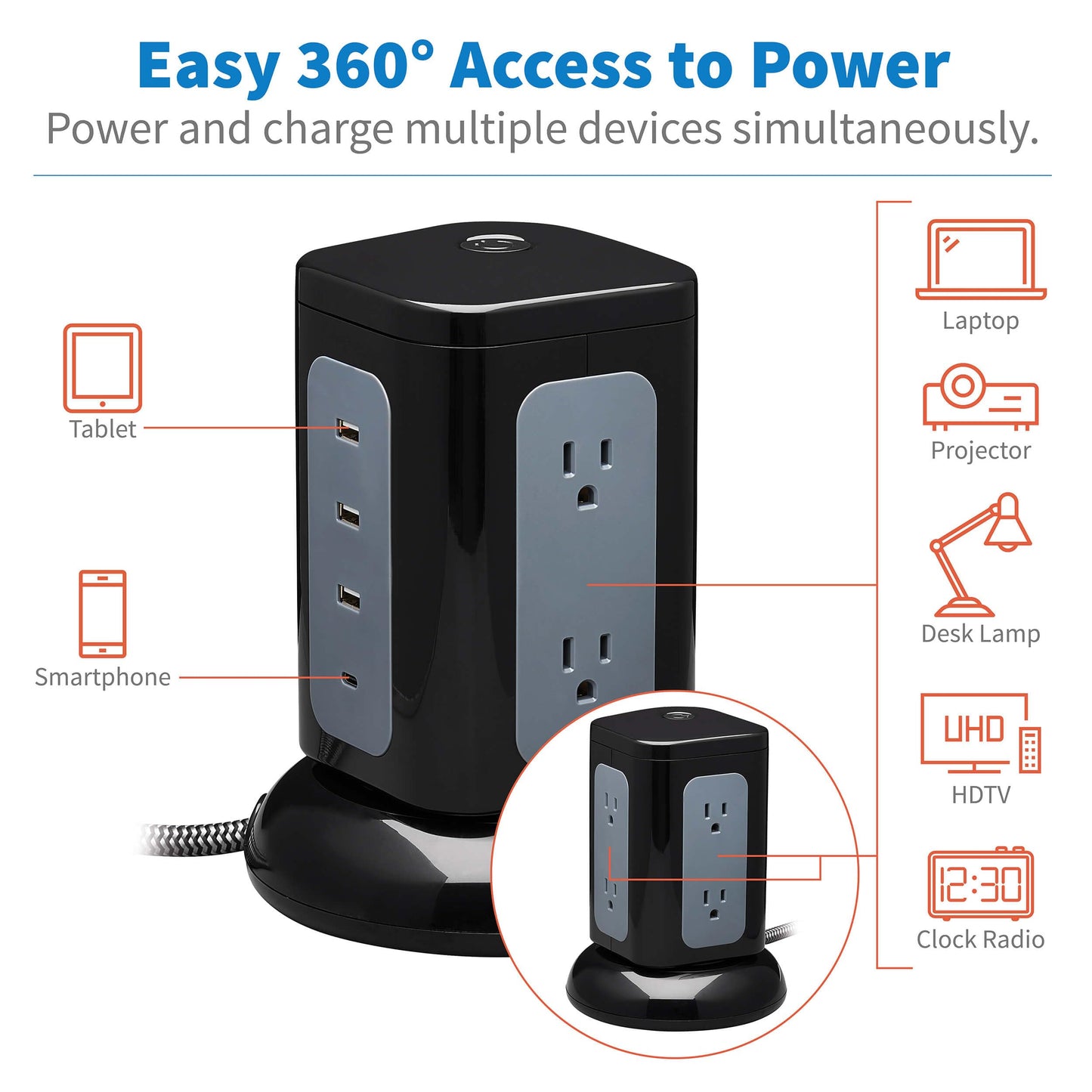 Tripp Lite TLP606UCTOWER Charging Tower Power Strip Surge Protector & Charging Station with USB Ports, 1800 Joules, 6 Outlets, 3 USB-A + 1 USB-C, 8ft