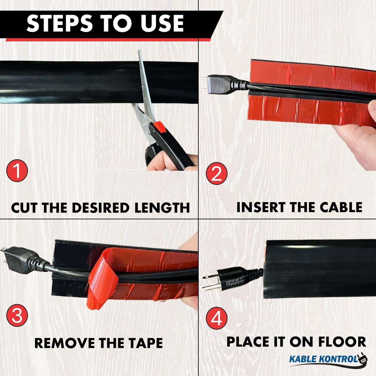 Kable Kontrol Silicone Floor Cord Cover - 5 Ft Flexible Cord Protector, Self Adhesive, for Concealing Extension Cable, Protecting Wires, Prevents