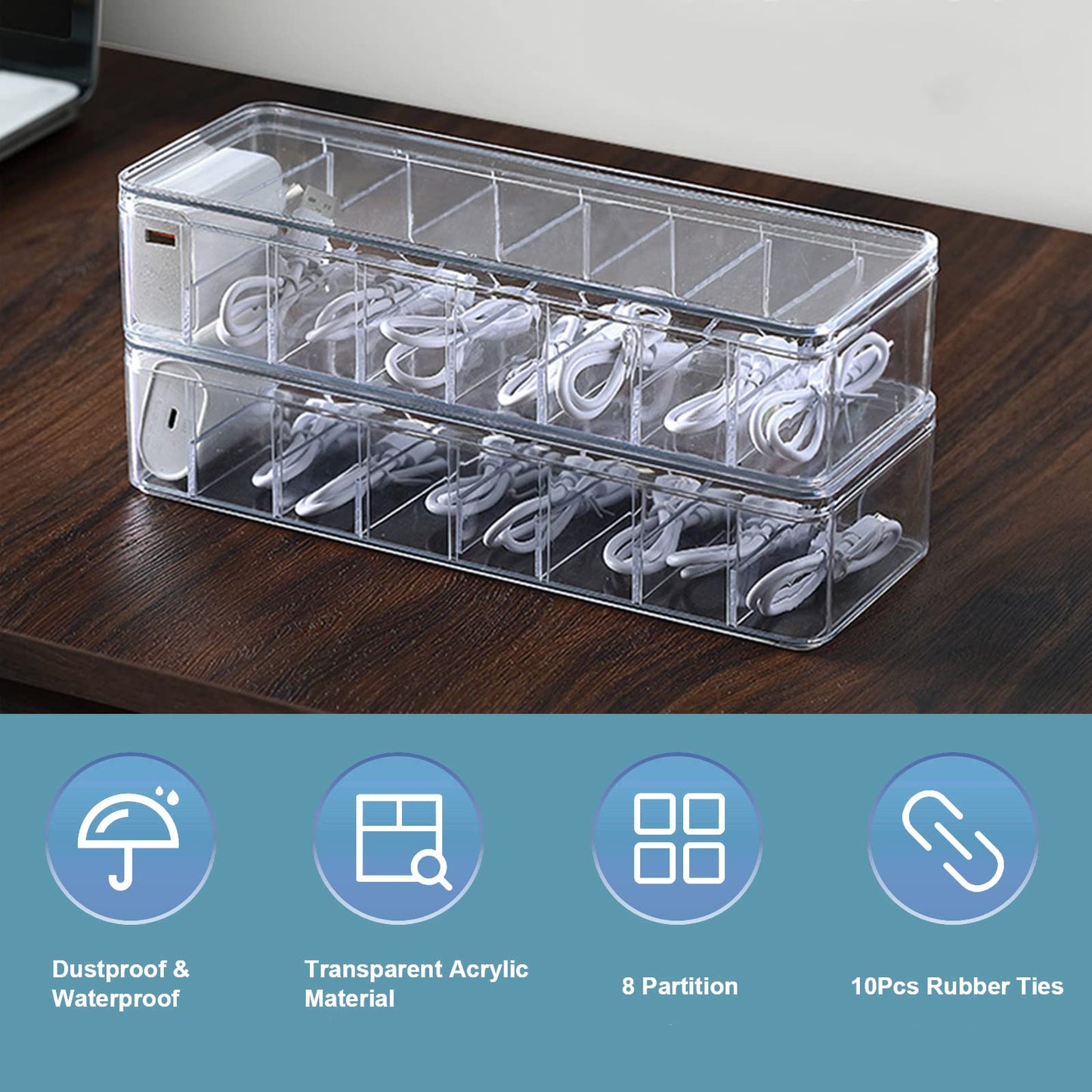 See-Through Cable Organizer Box Wire Management Case Data Cord Organizer Storage,8 Compartment Storage Boxes with 10 Wire Ties,Plastic Clear Lids