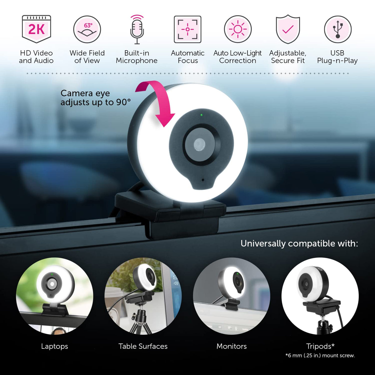 Aluratek 2K HD Ring Light Webcam with Auto Focus w/Tripod