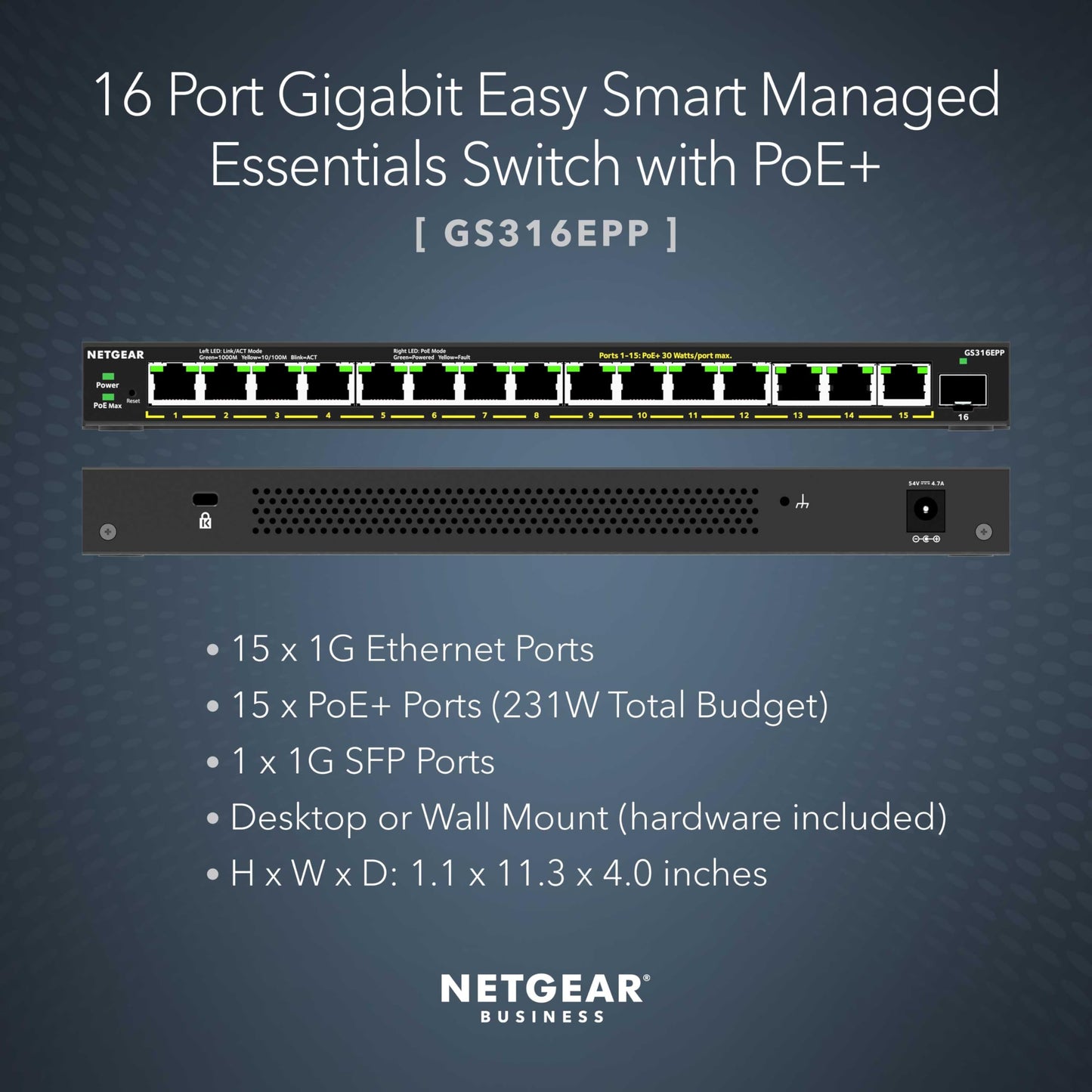 NETGEAR 16-Port PoE Gigabit Ethernet Easy Smart Managed Essentials Switch (GS316EPP) - with 15 x PoE+ @ 231W, 1 x 1G SFP Port, Desktop or Wall Mount