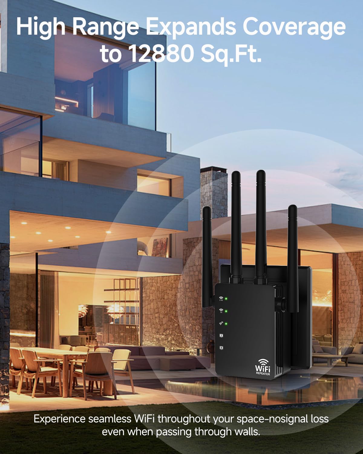 Dual Band 5GHz/2.4GHz WiFi Extender, WiFi Booster, WiFi Extender Signal Booster, Covers 12880 Sq.ft, Supports 105 Devices, Wireless Signal Booster