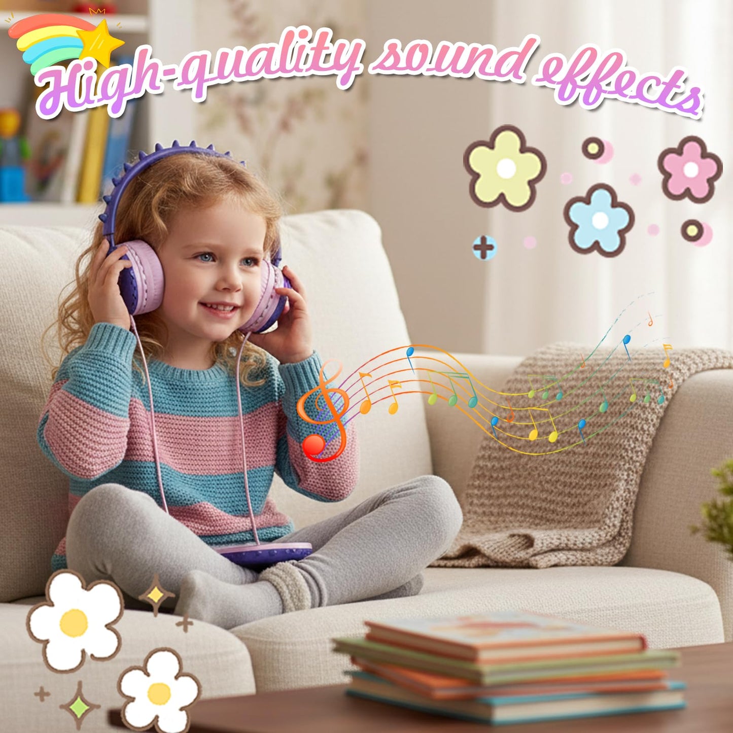 KERHAND Kids Dinosaur Wired Headphones with Noise Cancelling Purple