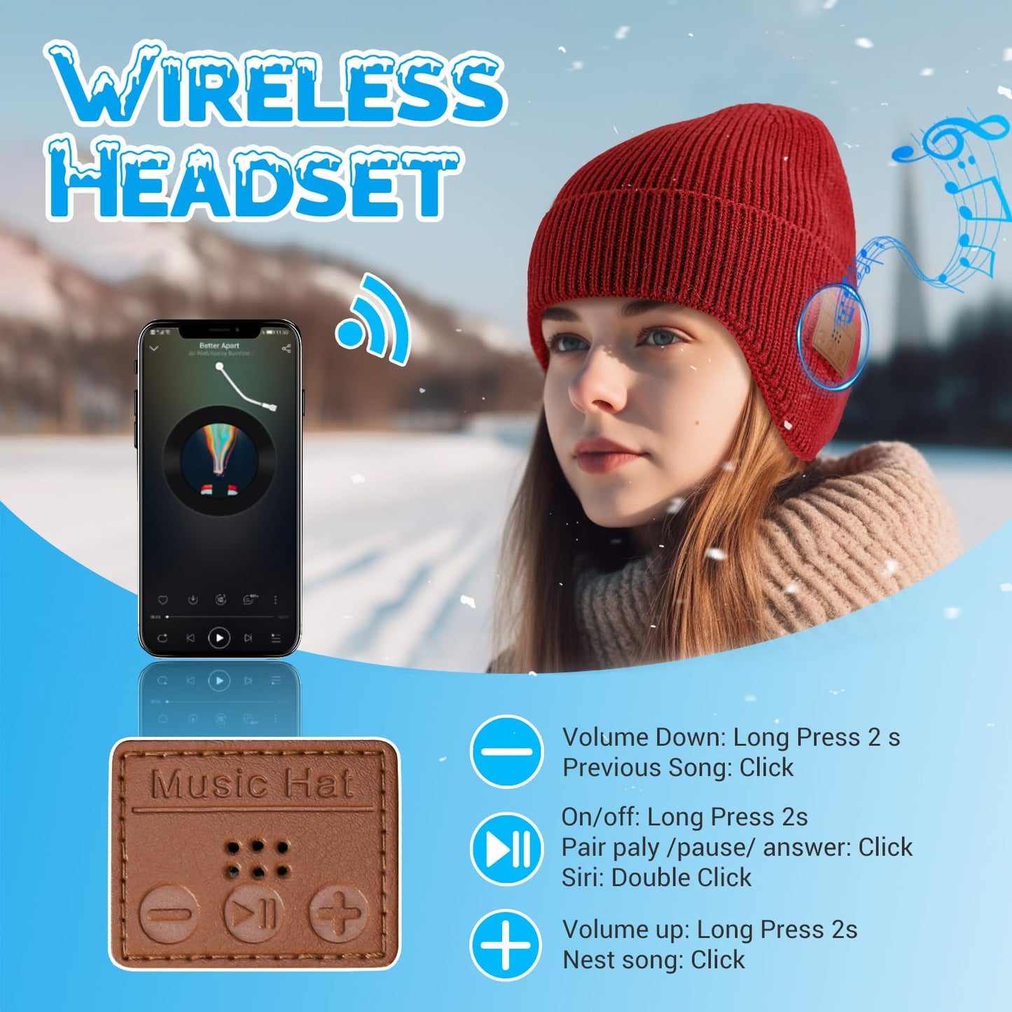 Bluetooth Beanie Hat with Headphones, Wireless Winter Hat Built-in Microphone and Stereo Speakers (Red)