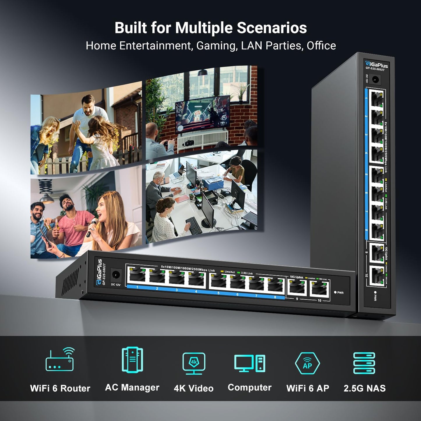 10 Ports 10Gb Unmanaged Ethernet Switch with 8*2.5G Base-T Ports, 2*10G RJ45 Ports. 80Gbps Switching Capacity, GiGaPlus 10Gbps Network Switch