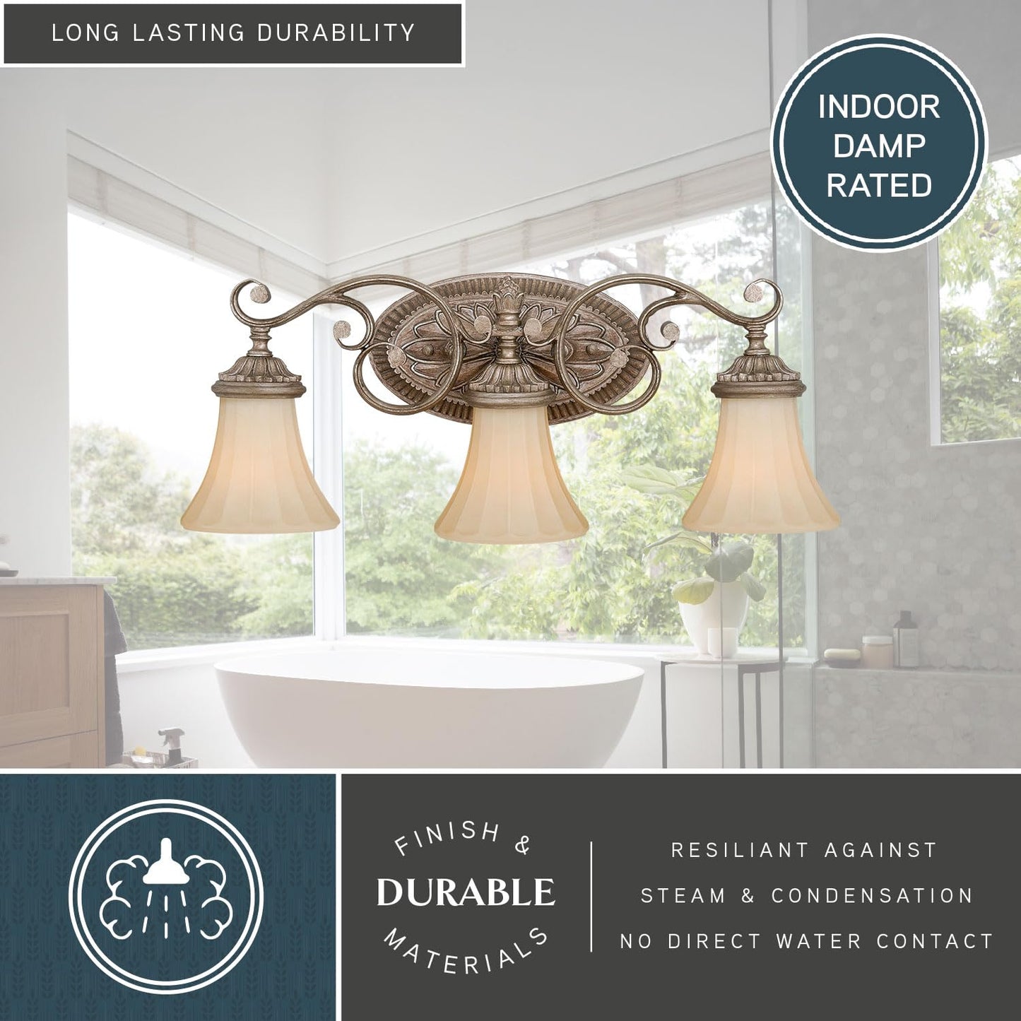 VAXCEL Avenant 3-Light 23 inch Wide French Bronze Traditional Bathroom Vanity Lighting Fixture, Amber Scavo Glass Shade, Dimmable, LED Compatible