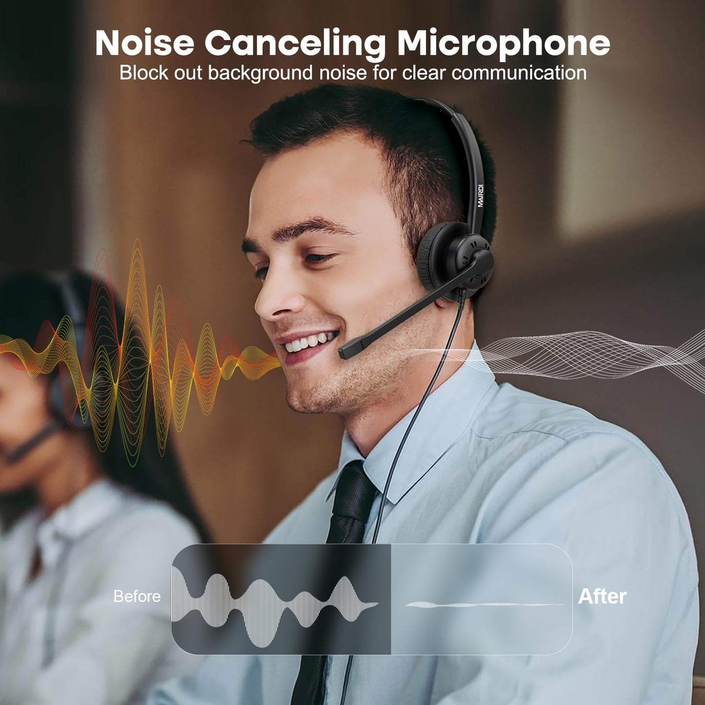 MAIRDI Phone Headset with 2.5mm & 3.5mm Connector for Deskphone Cell Phone PC Laptop, Mono Call Center Office Headset with Noise Cancelling Microphone