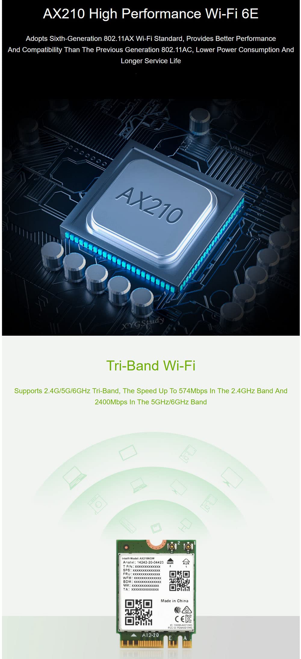Wireless AX210 NIC, Bluetooth 5.2, Gigabit Tri-Band Wi-Fi 6E, 802.11AX Standard, Supports 2.4G/5G/6GHz Tri-Band @XYGStudy (Wireless-AX210)