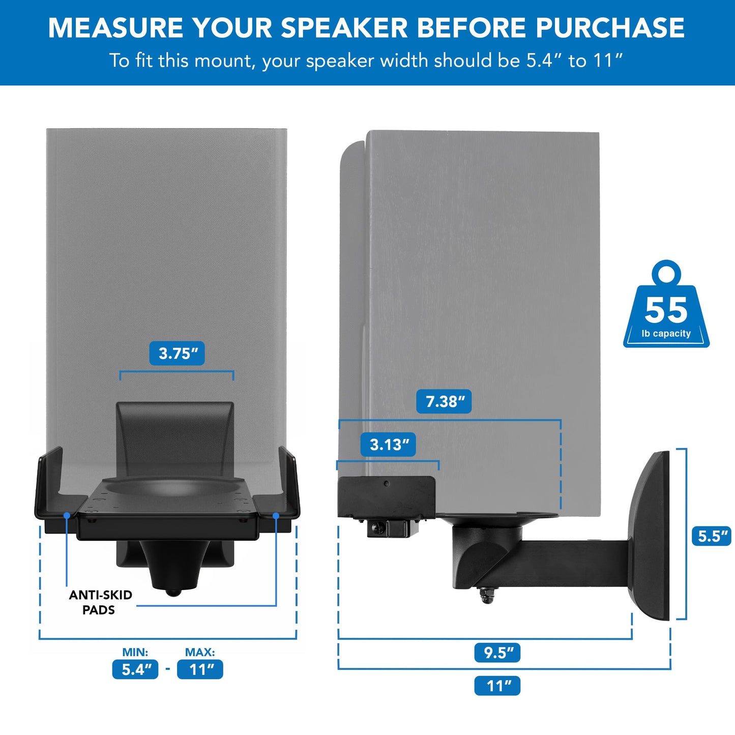 Mount-It! Bookshelf Speaker Wall Mount, Pair of Universal Side Clamping Speaker Shelf Wall Mounting Brackets for Large or Small Speakers, 2 Full