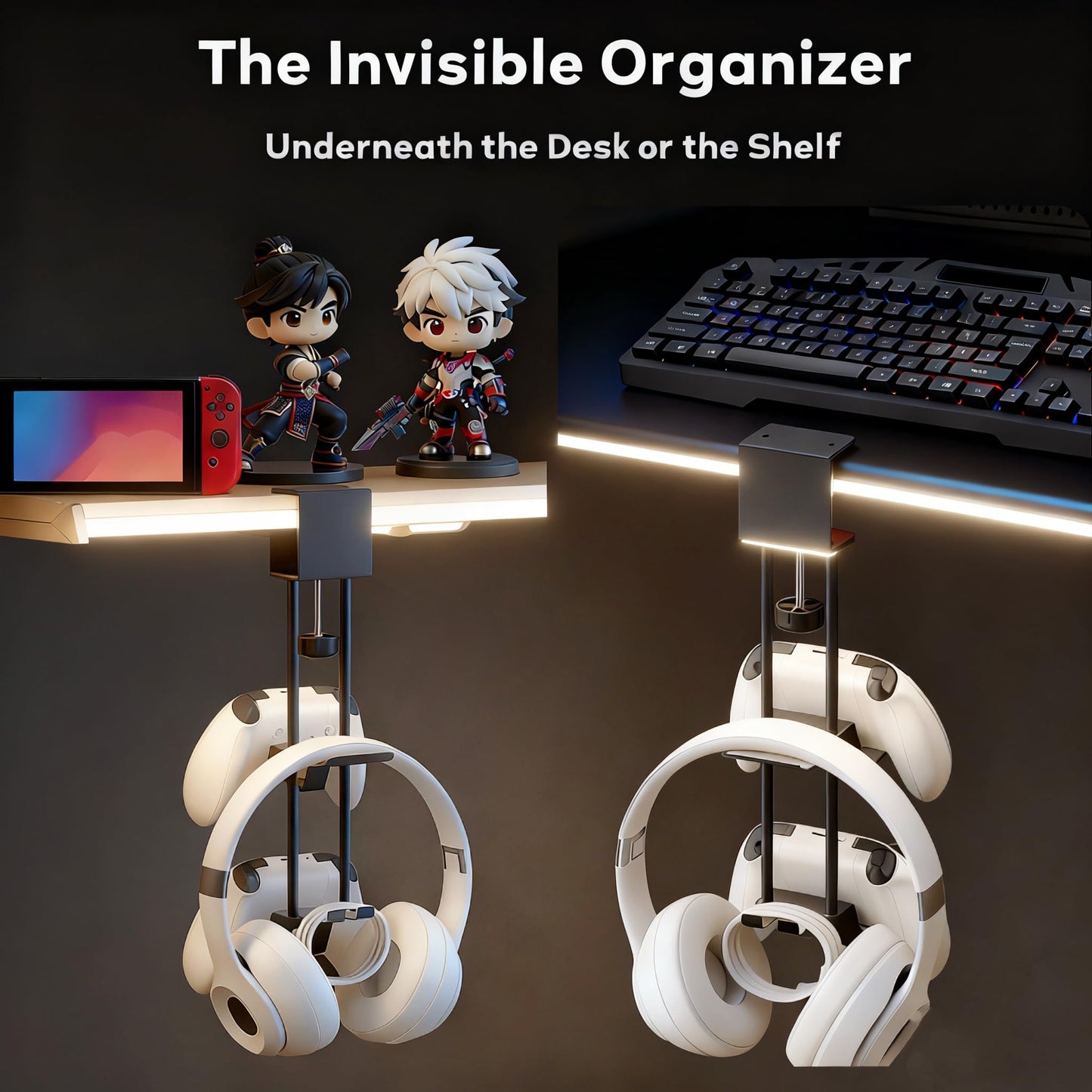 TpeeTeek Headphone Stand with Controller Holder, Aluminum Under Desk Clamp Headset and Controller Stand - 2 in 1 Headphone Hanger for Desktop PC