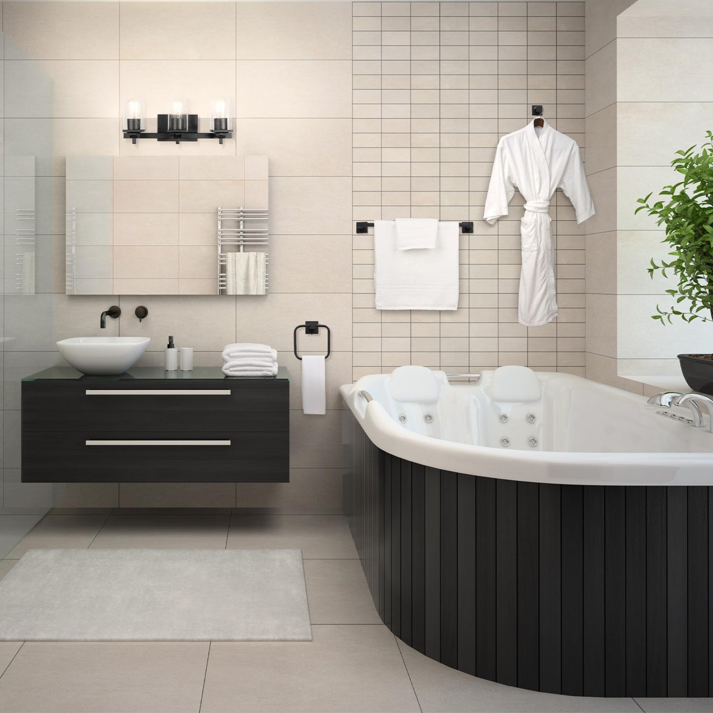 Globe Electric 51634 Dakota 5-Piece All-in-One Bathroom Set 3 Vanity Light with Seeded Glass Shades, Bar, Toilet Paper Holder, Towel Ring, Robe Hook