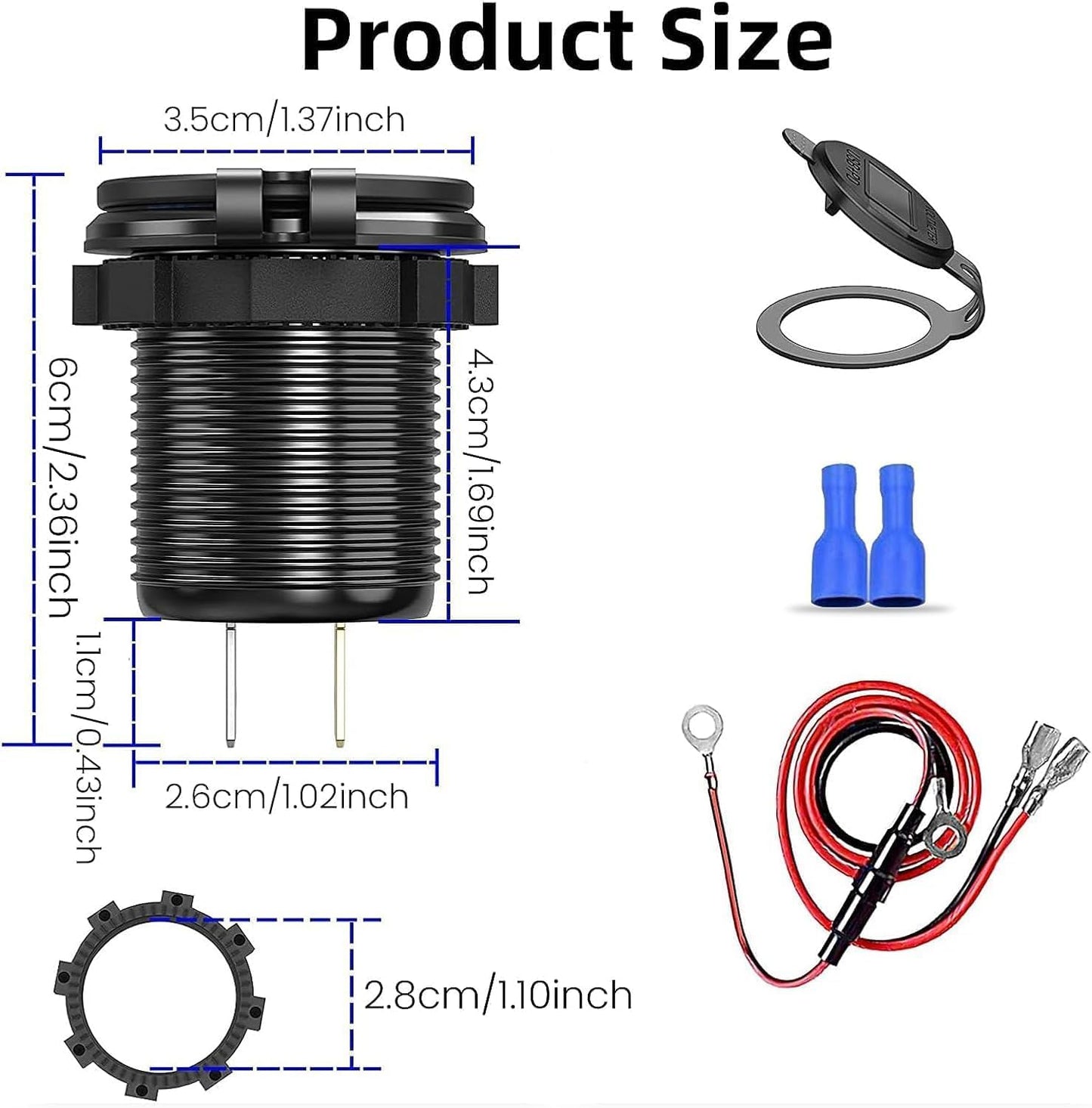 12V USB Car Socket, 3-Port Marine Aluminum USB Quick Charge Waterproof Cigarette Round USB C 12V Outlet for Car Golf Cart Boat Marine Bus Truck RV