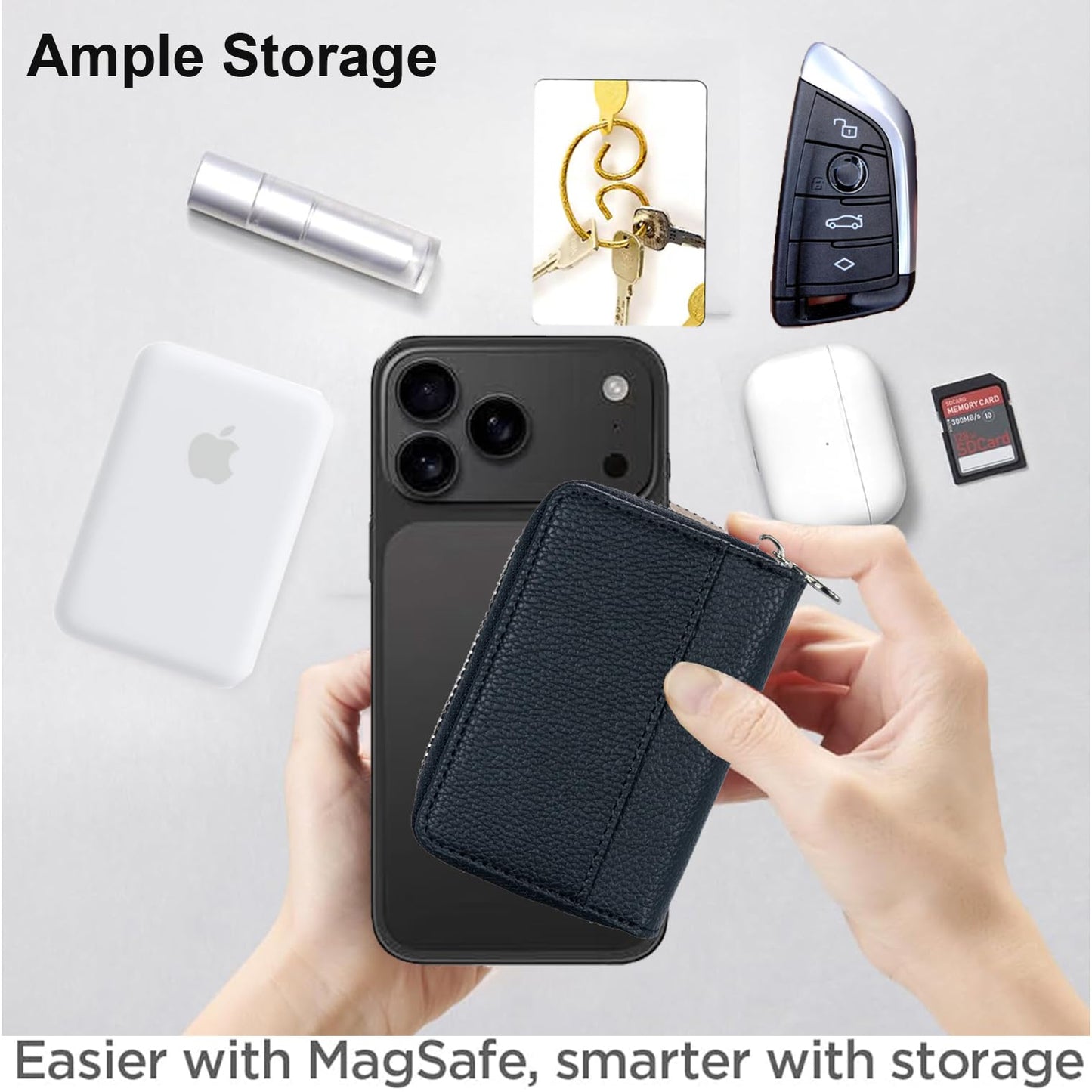 Strong Magnetic for MagSafe Wallet Pouch / Pixelsnap, Zipper Pocket Large Capacity for Earpod/Earphone/Car Keys & More, 3 Card Slots RFID Block