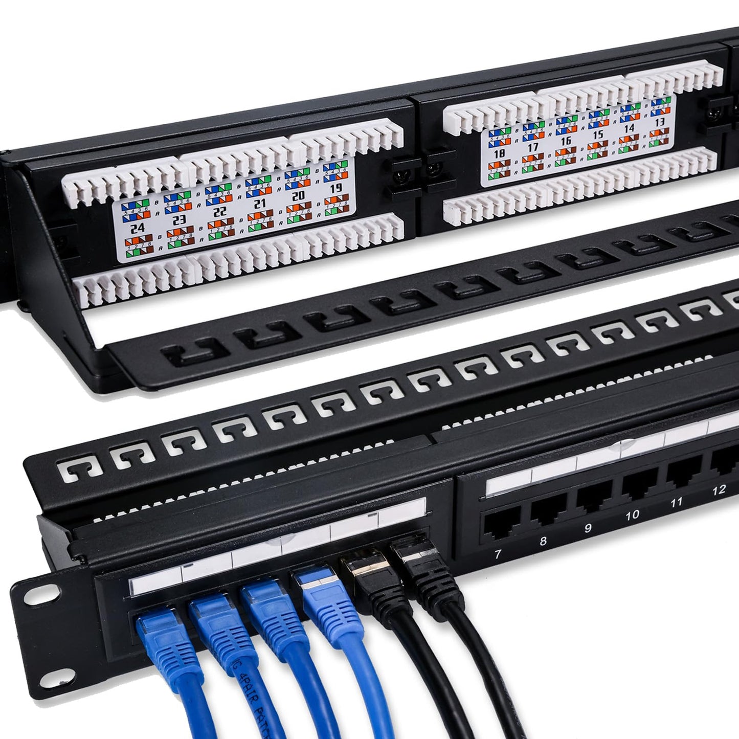 6COM 6COMGIGA 24 RJ45 Port Cat6 Patch Panel with Removable Back Bar,Support 110 & Krone Terminations,1U 19 Inch Network Patch Panel for Cat6, Cat5e