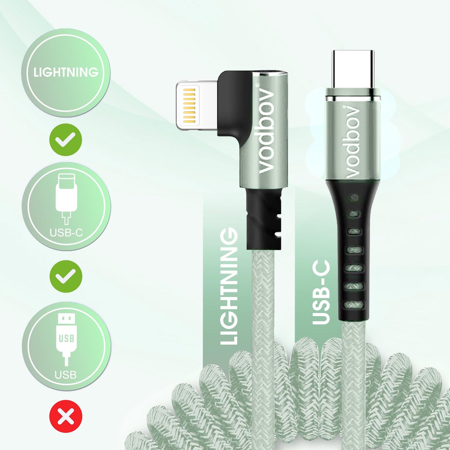VODBOV Coiled USB-C to Lightning Cable (2ft, 3ft, 4ft, 5ft, 6ft Flexible Stretch to 8ft Max), 90° Right Angle iPhone Charger, Braided Fast Charge…