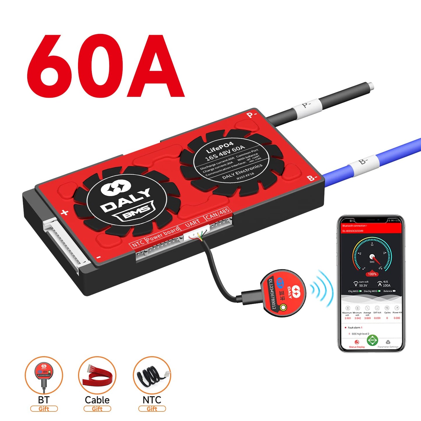 DALY Smart BMS 16S 48V LifePO4 PCB Protection Board with Balance Leads and Wireless Bluetooth Module for 16 Cells 48Volts Lithium Battery Pack(Smart…