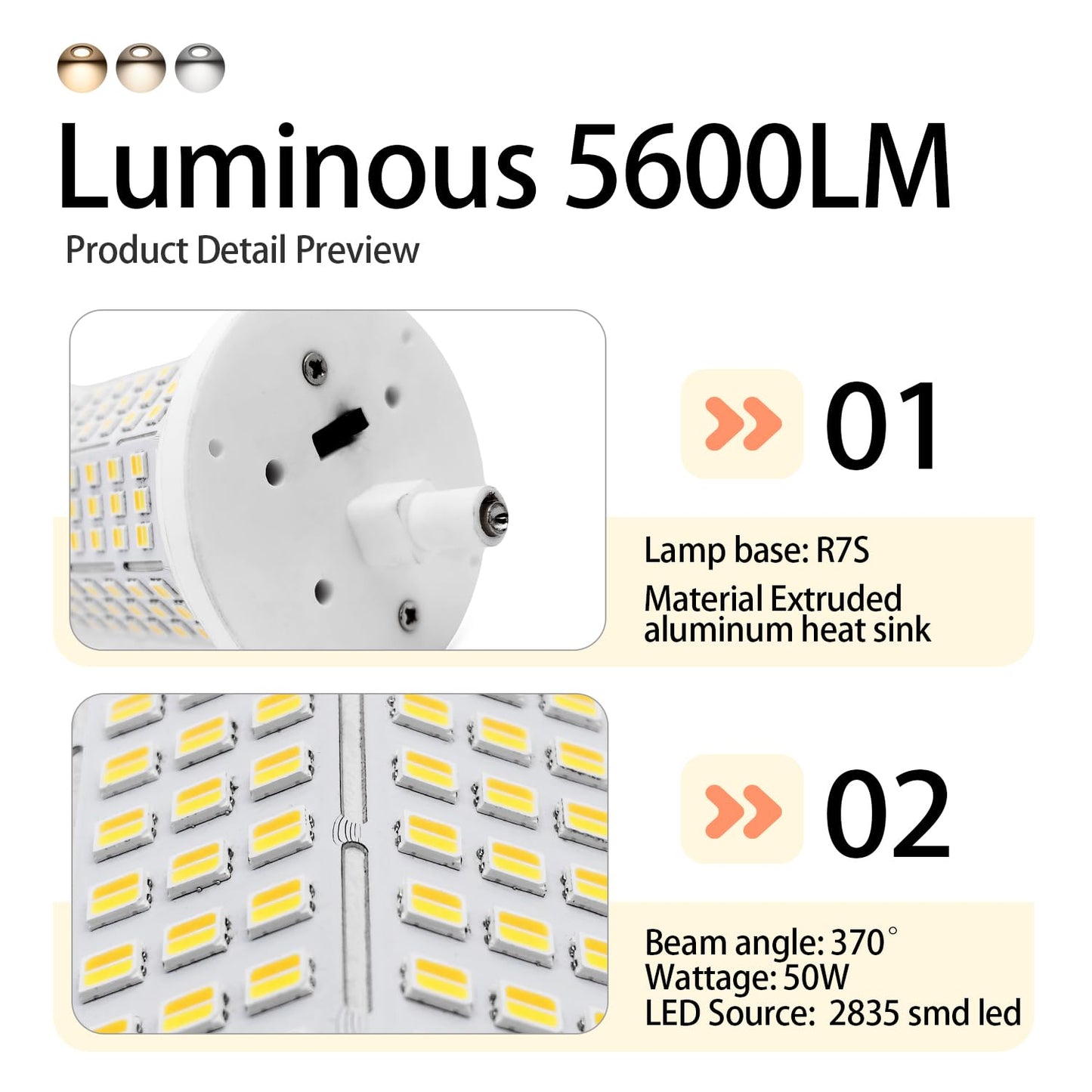 QLEE R7S 50W LED Bulb 118mm NO Dimmable 3CCT Adjustable J Type Linear Double Ended Studio & Flood Light Equivalent 500W Halogen Floodlight Bulbs