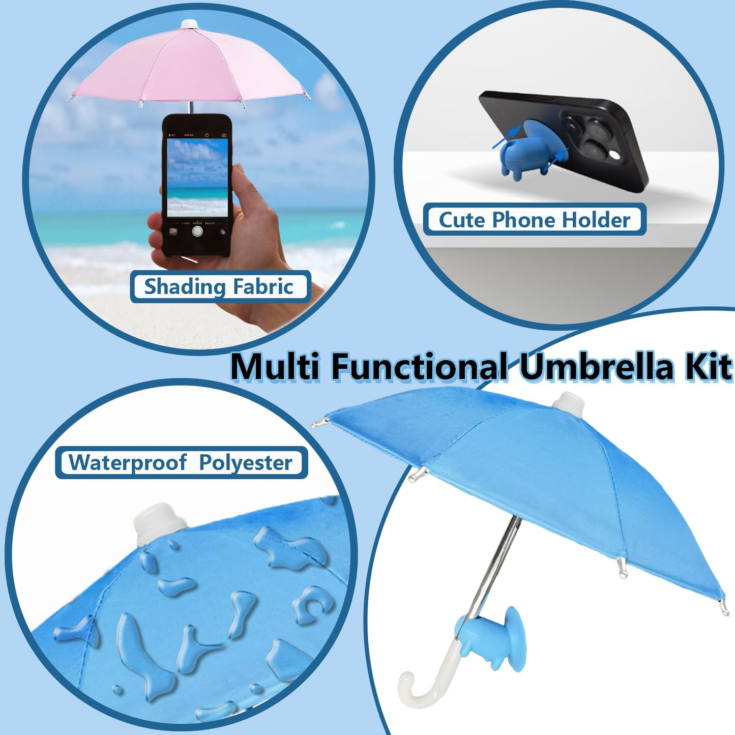 TS-MAYKA 2 Pcs Phone Umbrella for Sun, Mini Umbrella Cell Phone Sun Shade with Cute Piggy Suction Cup Stand, for iPhone and Android Beach Pool Outdoor