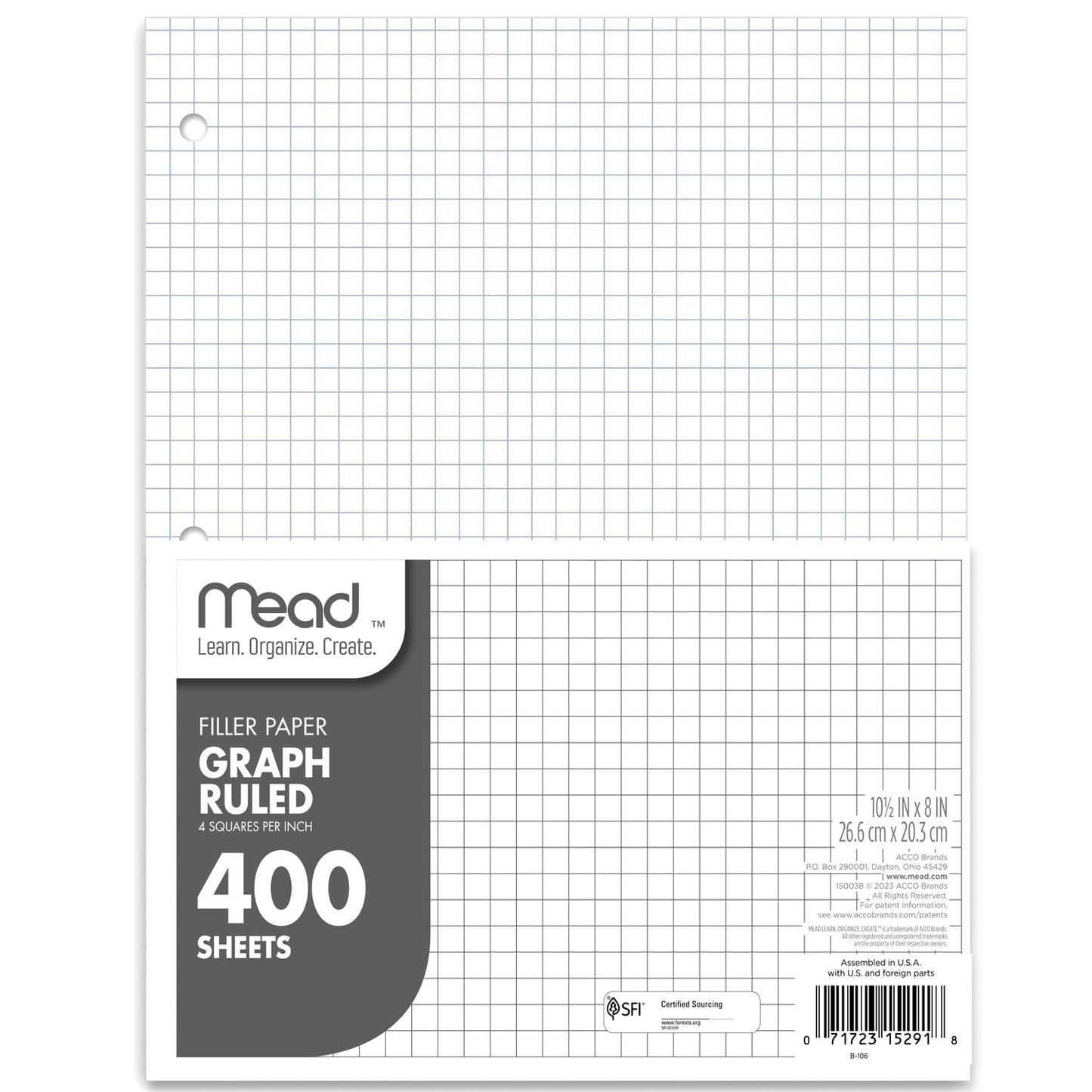 Mead Loose Leaf Paper, Graph Ruled Filler Notebook Paper, 8" x 10-1/2", 400 Sheets, Fits 3-Ring Binder (150038-ECM)