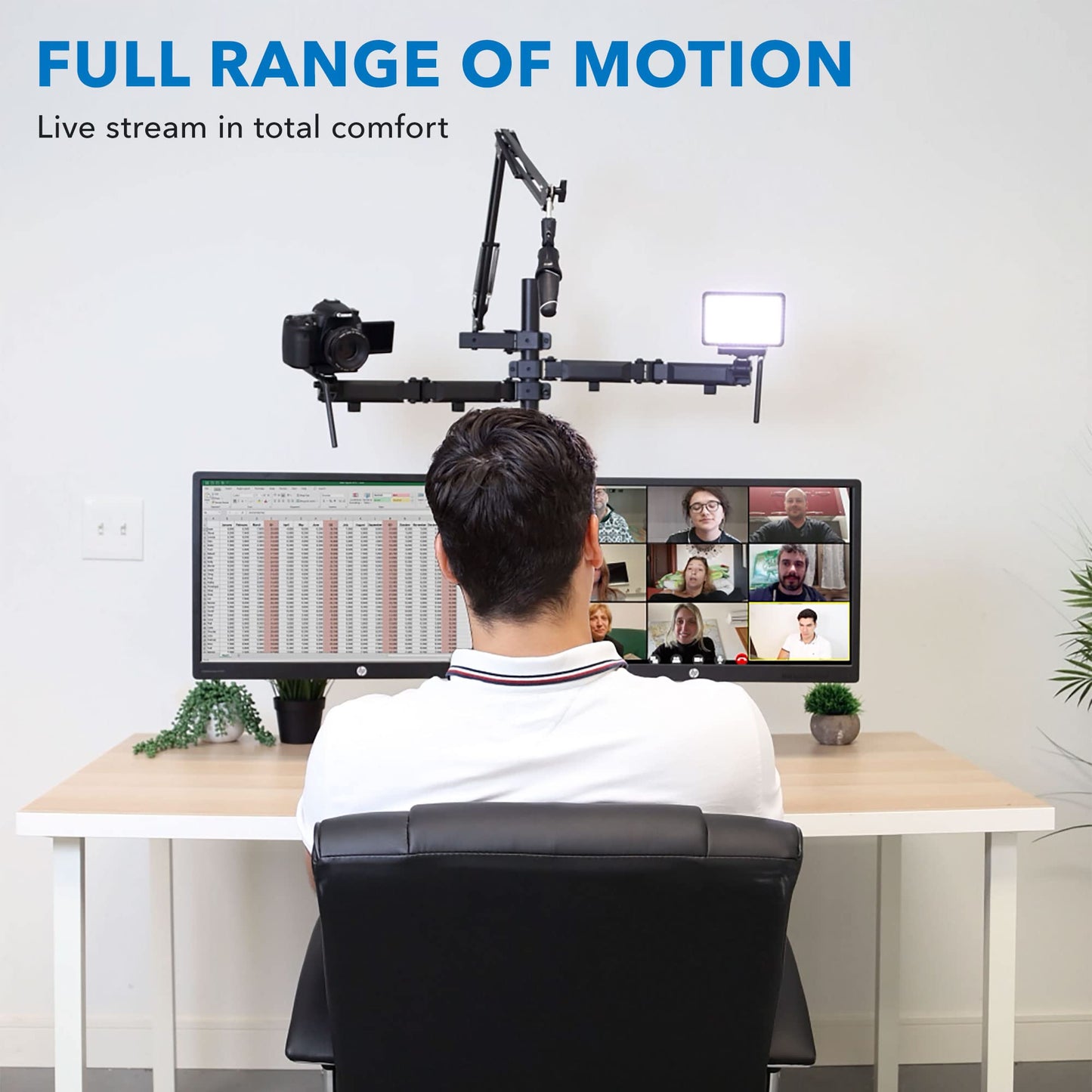 Mount-It! All in One Live Streaming Equipment - 5 Arm Desk Mount - Holds Dual Monitors, Cameras, Ring Light with Mic Desktop Stand Set, YouTube Setup