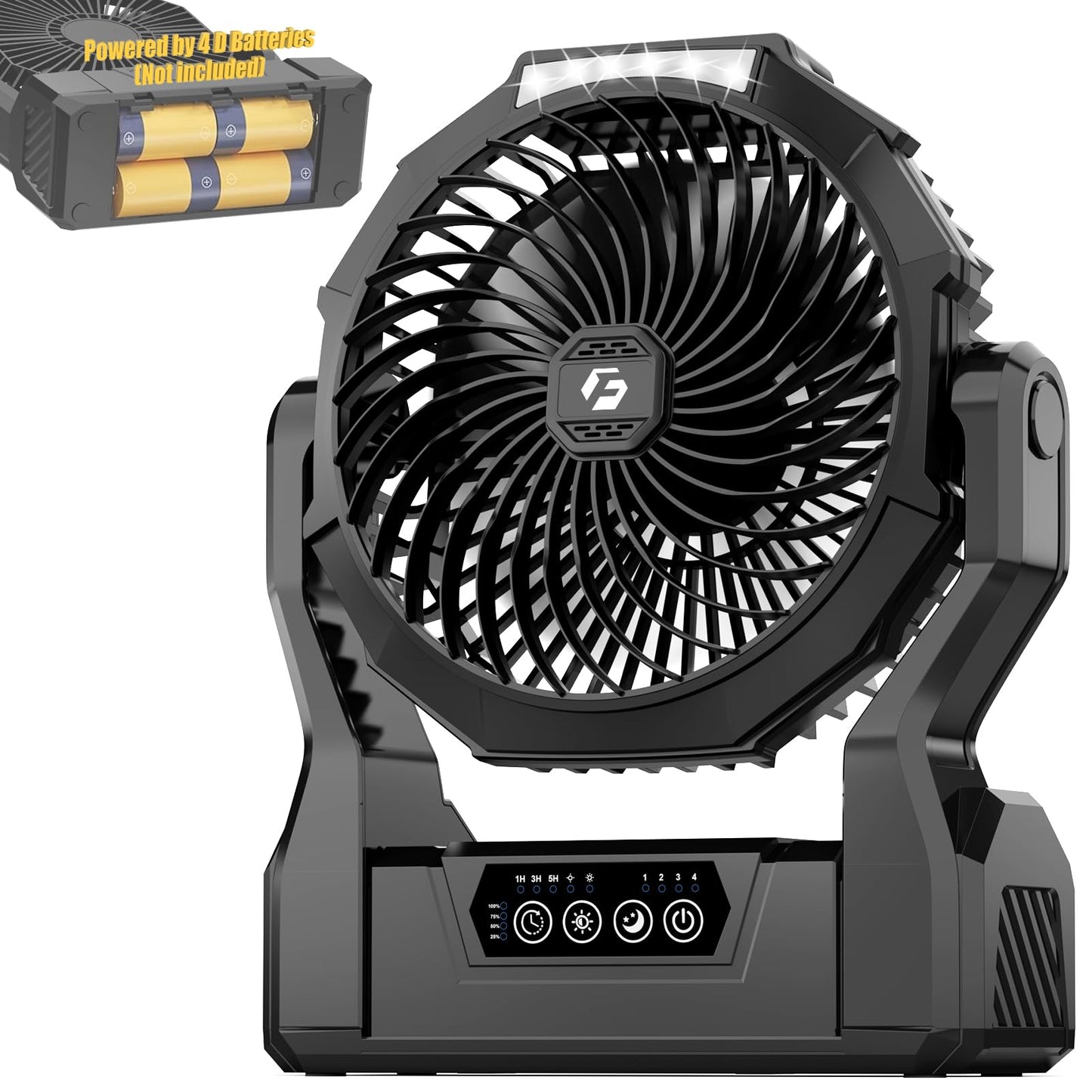 Battery Operated Fan, 2-in-1 D-Cell Battery & USB Powered Portable Fan with 4 Speeds, 3 Timers & 2 Light Modes, Super Long Lasting Camping Fan