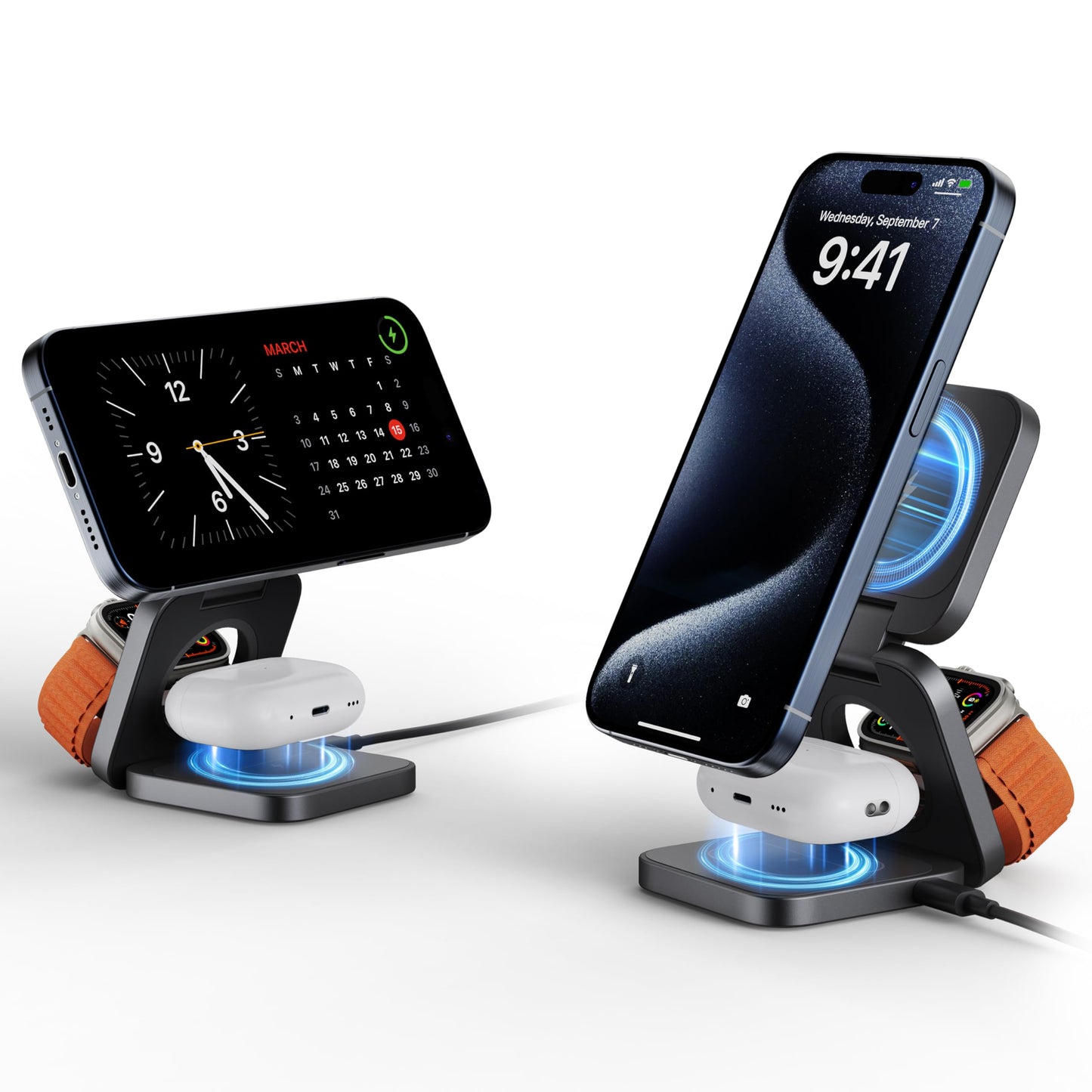 3-in-1 Wireless Charger Stand, LULULOOK 15W Magnetic Charger Wireless Fast Charging Station for iPhone 16/15/14 Series, Aluminum 5W Charger for Apple